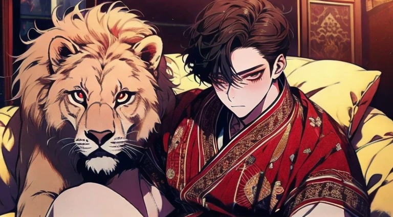 ((masterpiece))、(((最hightquality)))、(hightquality、Breathtaking)、(Expressive Ace Perfect)、Big lion、male people、年轻、red eyes、livingroom、Sitting on a beige sofa、、red blush、Unparalleled beauty,face perfect、、(male people二人、male peopleだけ,),Perfect Eye、Lying in bed、Traditional costumesに身を包んだ、Traditional costumes、、、ファッションmodeled、actor、modeled、brand costume、、well-muscled、,