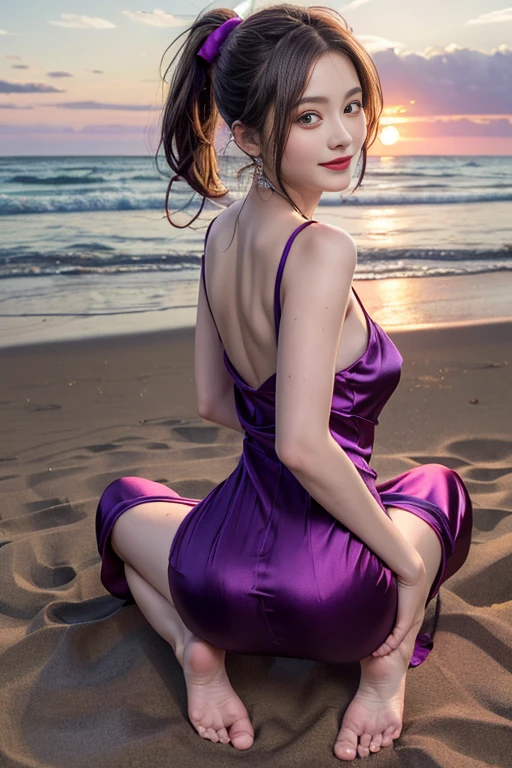 masutepiece, Best Quality, 23years old,Ultra-detailed, finely detail, hight resolution, 8K Wallpaper, Perfect dynamic composition, Natural Color Lip,(wearing a short red and purple dress:1.5),(Ponytail:1.3),drawn action: (Girl is sitting,barefoot on the sand 1.3),(red and purple silk ribbon dress:1.4)20 years girl,(Full body:1.3),Shot from behind,Enjoy the sunset,NSFW,Looking back and smiling,