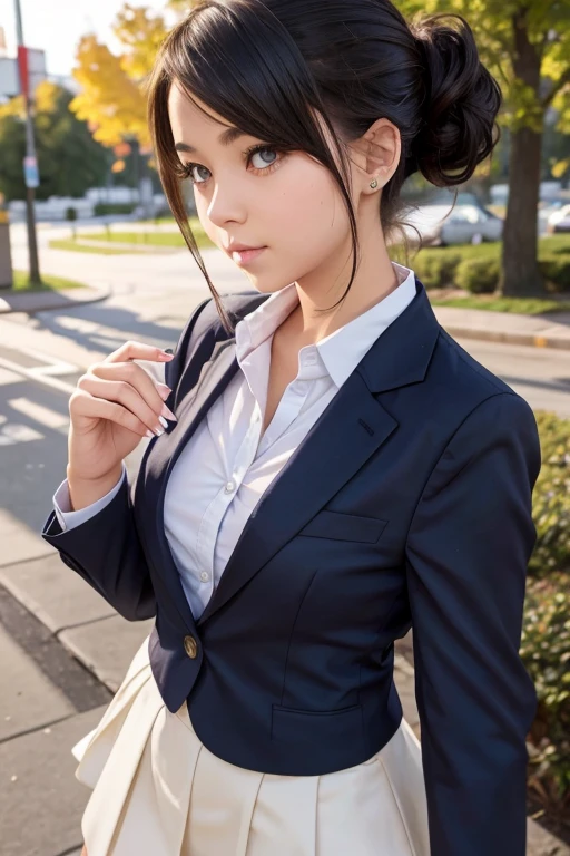 Her hairstyle is short.，Realistic high school girl wearing a blazer，soio，a park