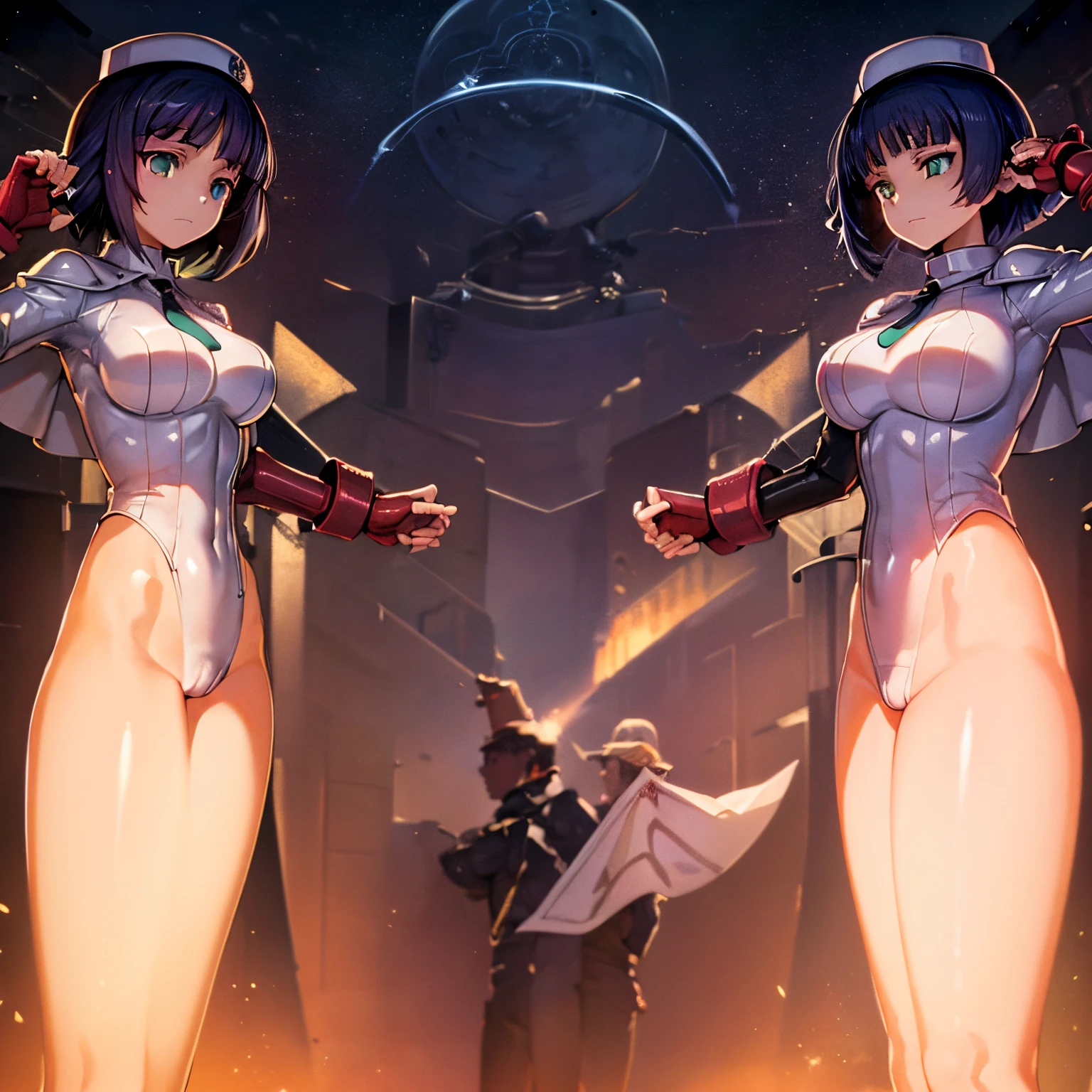 ultra-detailed, Explicit, Beautiful body, Beautiful Nose, Beautiful character design, perfect eyes, perfect face, ultra highres, 4K, beautiful legs, perfect legs, Nice hands, Perfect hand, Masterpiece, Best Quality, Highly detailed, illustration, absurdres, street fighter, doll suit, shadaloo doll, dollsuit, girls, multiple girls, expressionless, blank eyes, looking at viewer, red gloves, emotionless, black latex, corrution, mind control, female combatant, full body, hypnotized, unhappy trance, full body suit, ribbed bodysuit, both arms at side, stand up straight, obey, perfect female body, extremely glossy latex, hypnosis, hypnoLora, empty eyes, Mind control device, poses, brainwashed, submissive_pose, Slave, hat, necktie, stand up straight, standing, standing at attention, belt, extending the right arm from the shoulder into the air with a straightened hand, nazi saluting, military, military saluting, salute, right hand saluting, left hand at side, latex, ribbed bodysuit, garter belt, white bodysuit, chinese clothes, fingerless gloves, arm guards, white cape, cloud print, thighhighs, blue hair, purple hair, short hair, bob cut, blunt bangs, green eyes, green eyes, medium hair, black hair, You-Know-Who, Code Geass Leouch of the Rebellion