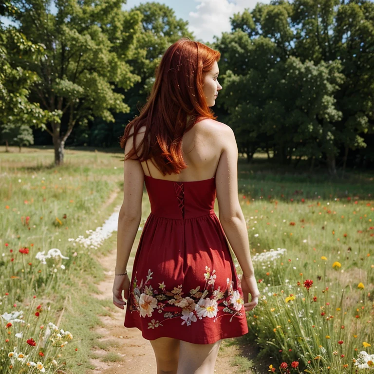 Create a realistic photo of a red-haired woman with the same face as this photo, wearing a red dress, walking in a field of flowers, sunshine, beautiful scenery, colorful flowers, birds, photo taken with her back turned.
