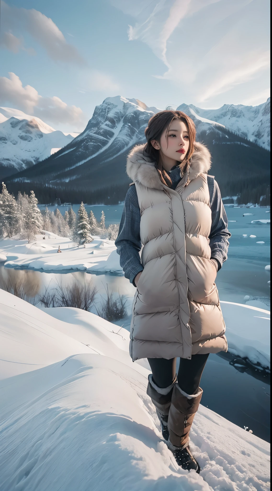 nsfw, 8k, best quality, highres, realistic, real person, A different perspective of a Nordic winter landscape, depicting a beautiful woman wearing a long down vest to brave the cold. The scene is made even more dramatic with rugged, snow-capped mountains and a larger, majestic frozen lake. The sky is a mixture of soft dawn colors, and the figures' expressions are a mixture of awe and struggle against the cold, emphasizing their resilience in the harsh environment. big butt, beautiful legs, long beautiful legs, completely naked inside the down vest