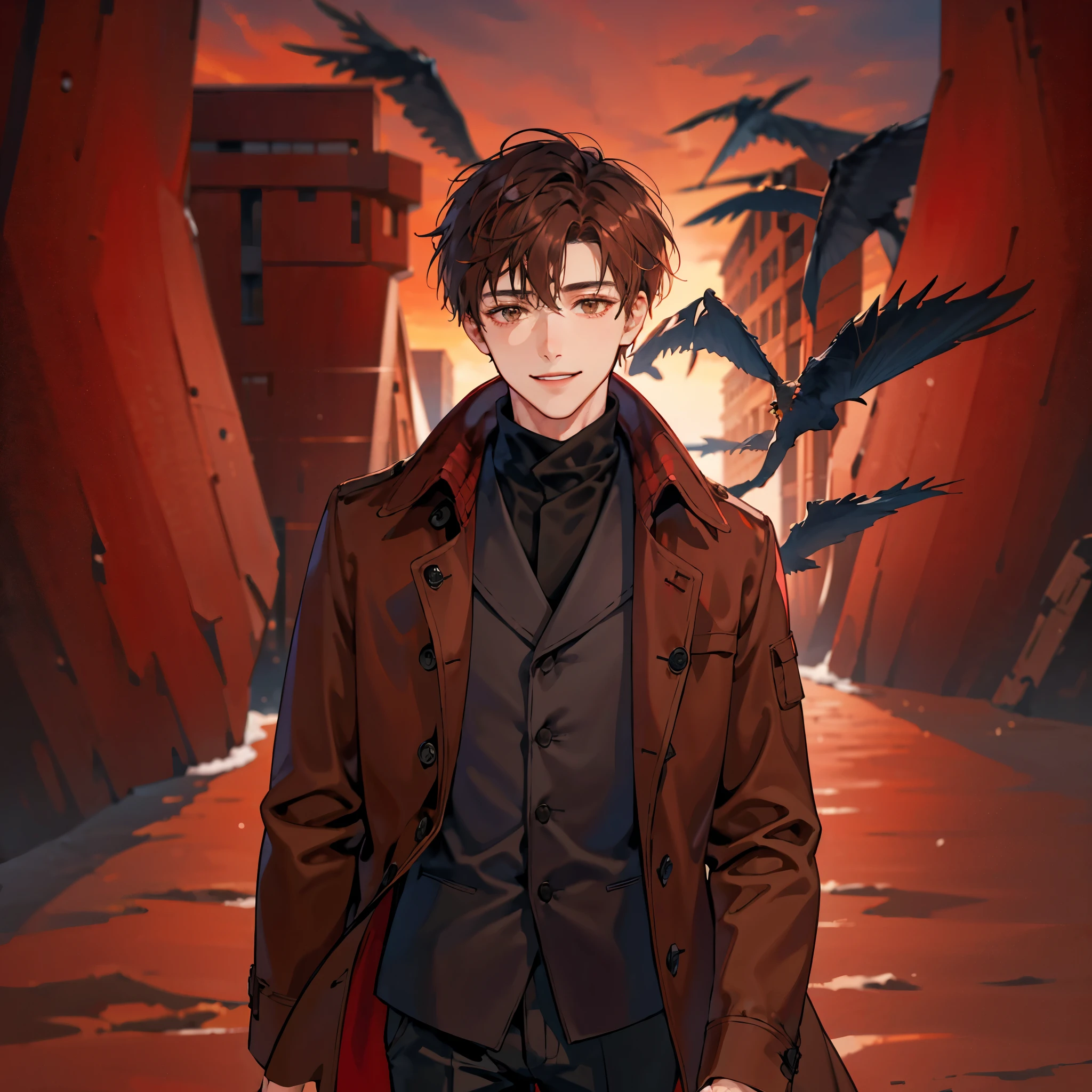 young man, short hair, brown hair, smiling, brown eyes, scarf, trench coat, red sweater, navy pants, winter vibe, simple style, dusk, 8K, master piece, best quality