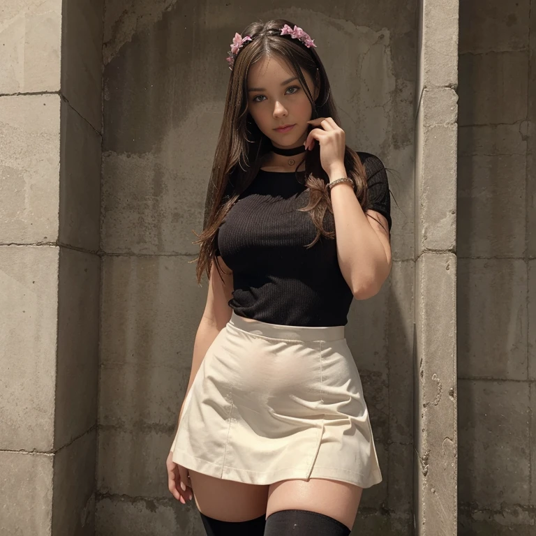 Chloe Hart chubby brunette very long wet hair flower hairband choker bangles jk uniform tights
