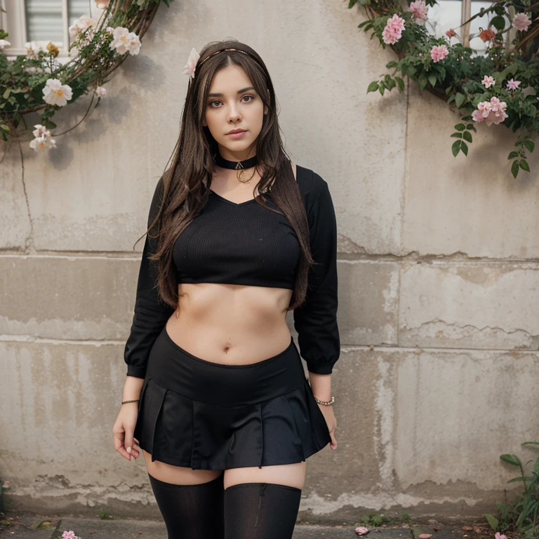 Chloe Hart chubby brunette very long wet hair flower hairband choker bangles jk uniform tights