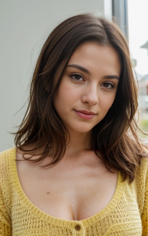 belle brune portant un pull jaune , Very detailed, 21 ans, visage innocent, cheveux noirs ondulés naturels, yeux bruns, High resolution, Masterpiece, Best quality, Intricate details, highly detailed, mise au point nette, detailed skin, Realstic skin texture, texture, detailled eyes, professionnel, 4K, sourire charmant, filmed on Canon, 85 mm, faible profondeur de champ, Couleur Kodak Vision, perfect fit body, Extremely detailed, photographier_\(ultra\), photoRealstic, Realstic, Post-traitement, Maximum details, roughness, real life, ultra Realstic, photorealism, photographie, 8K UHD, photographie