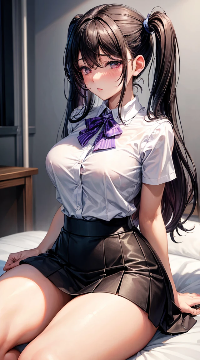 (tmasterpiece, quality, Best quality at best, The details were perfect,Beautiful and beautiful:1.2)black color hair,pigtails,plumw,The waist is very thin,Thigh fleshy,Big leaking out,Superskirt,The shirt,Purple eye,(Sit down position)(Blush 1.5)(mouth drool)(eyes half closed)(The crotch is opened so much)(Open your legs:1.5)(痴女:1.5)(legs in M shape)