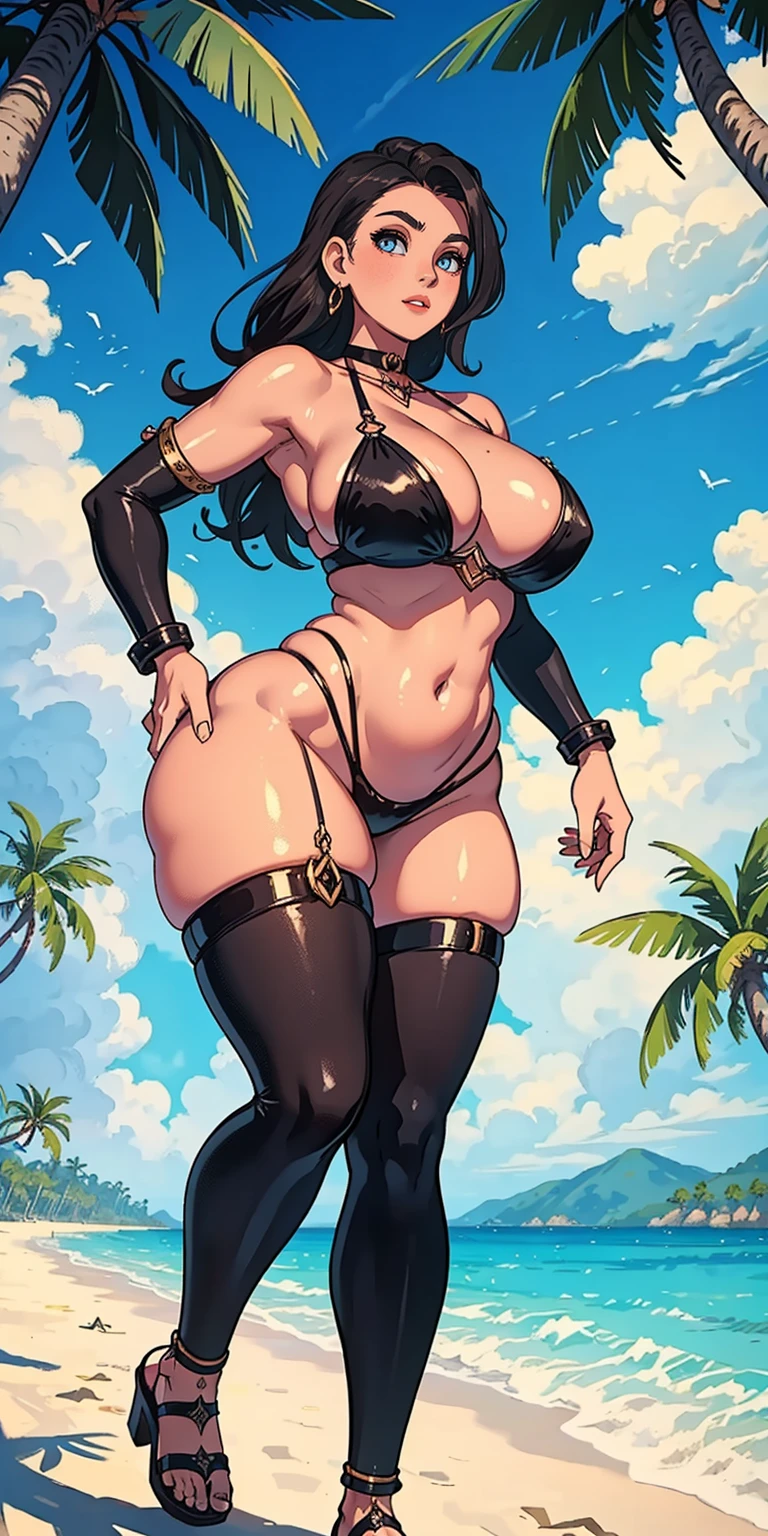 1 woman，metal sandals, look up from below，Ultra mini bikini，see- through，Huge，（underboobs)，High-waisted swimming trunks，Glamorous figure，sandbeach，skieaiyun，Coconut Tree, fantasy art, realistic art, (soft skin), slave outfit, armor, slave, bracers, shackles, black metal choker (heavy metal), locking metal collar, Gorgeous Round Detailed Face, (Voluptuous), (Curvaceous:1.3) (Bimbo) (A MILF) (Sultry Pose), (Frivolous smile)