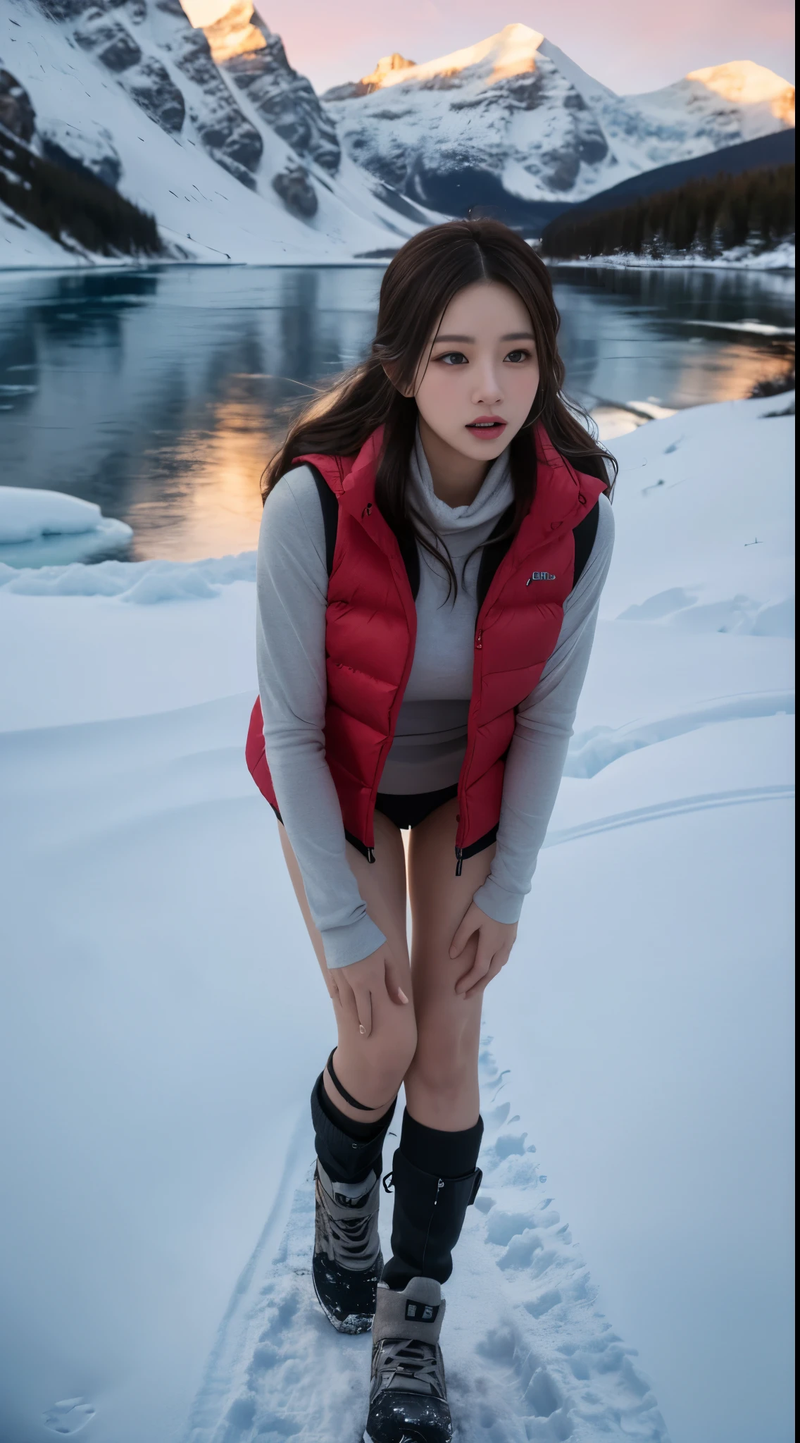 nsfw, 8k, best quality, highres, realistic, real person, A different perspective of a Nordic winter landscape, depicting a beautiful woman wearing a long down vest to brave the cold. The scene is made even more dramatic with rugged, snow-capped mountains and a larger, majestic frozen lake. The sky is a mixture of soft dawn colors, and the figures' expressions are a mixture of awe and struggle against the cold, emphasizing their resilience in the harsh environment. big butt, beautiful legs, long beautiful legs, completely naked inside the down vest