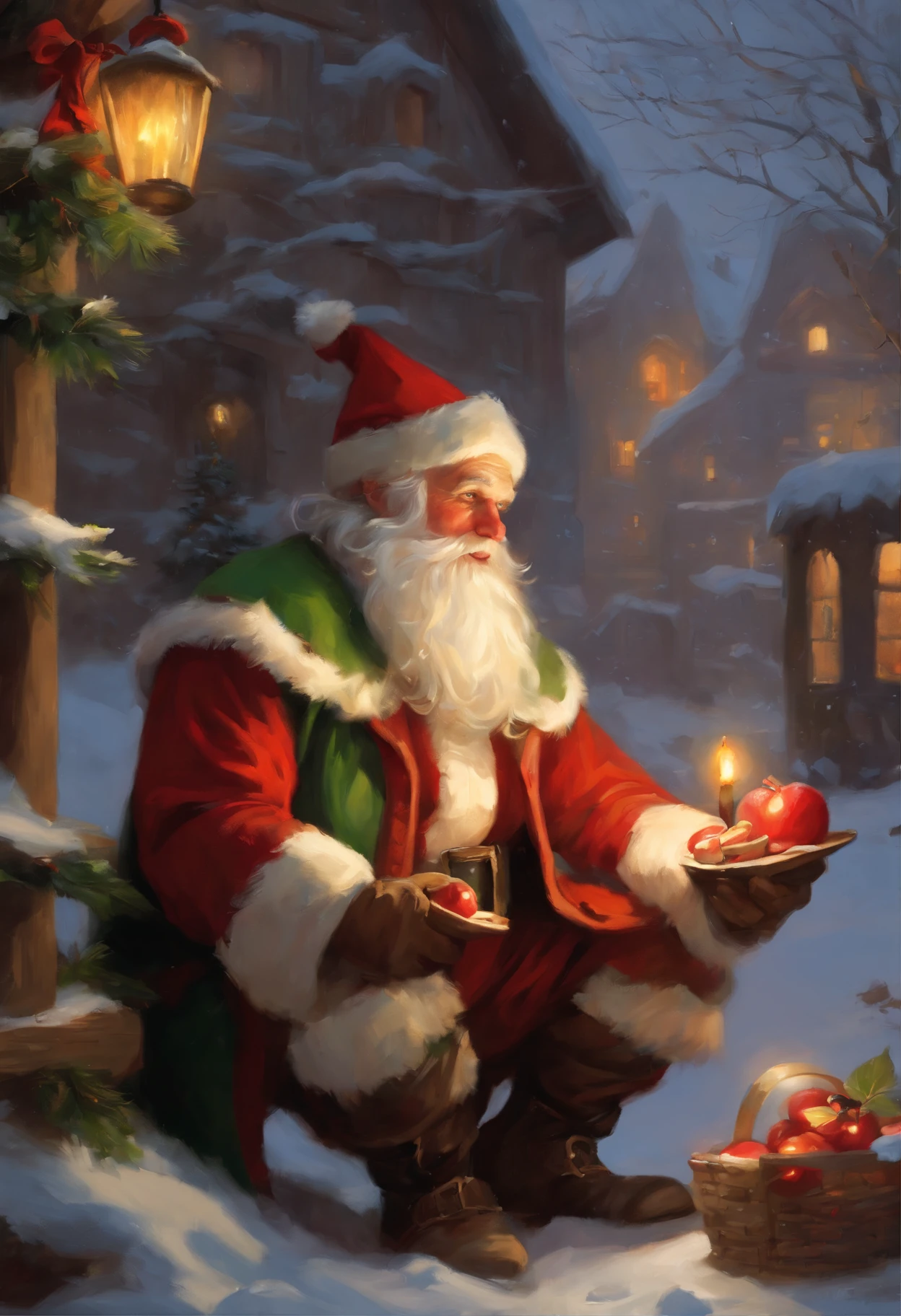 Painting of Santa Claus with an apple in a snowy city, portrait of a gnome called eldon, full art, collectible card art, inspired by Michael Malm, inspired by Johannes Helgeson, Dwarf Alchemist, a middle aged elf, Hearthstone Card Art, portrait of an elf, full art illustration, Todd Lockwood, Hearthstone Card Game Cover. "