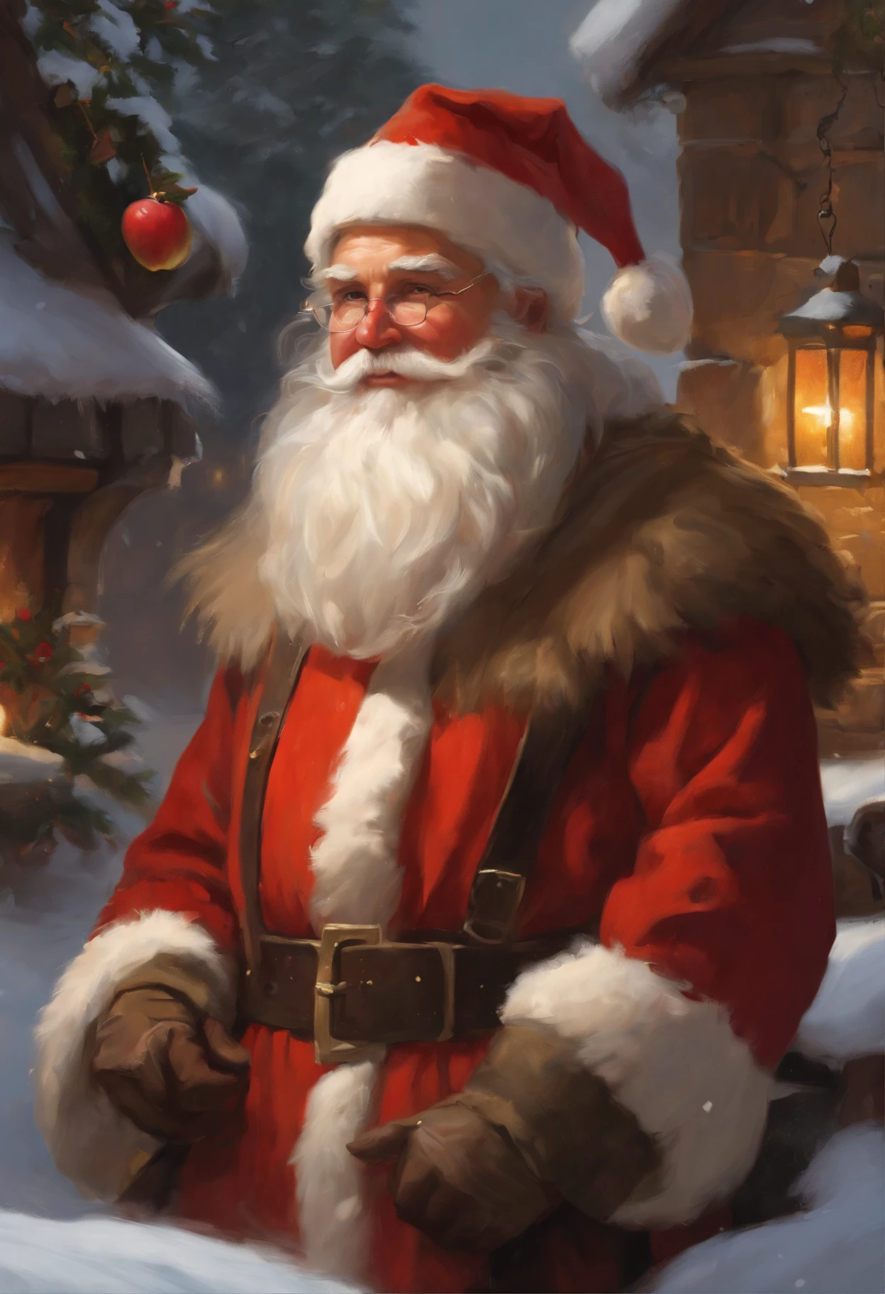Painting of Santa Claus with an apple in a snowy city, portrait of a gnome called eldon, full art, collectible card art, inspired by Michael Malm, inspired by Johannes Helgeson, Dwarf Alchemist, a middle aged elf, Hearthstone Card Art, portrait of an elf, full art illustration, Todd Lockwood, Hearthstone Card Game Cover. "