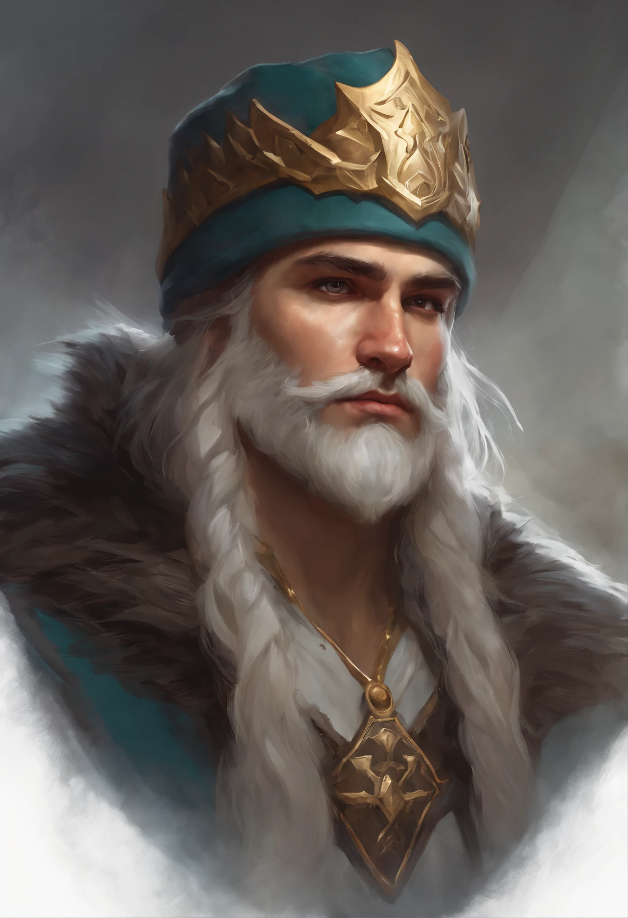 Close-up of a man with a beard and wearing a New Year&#39;s hat, painted portrait of rugged odin, a middle aged elf, dwarf with white hair, male god svarog portrait, Hearthstone Card Art, Artgerm and Craig Mullins, portrait of an elf мужского пола, rpg portrait concept art, portrait of an elf, wojtek fus