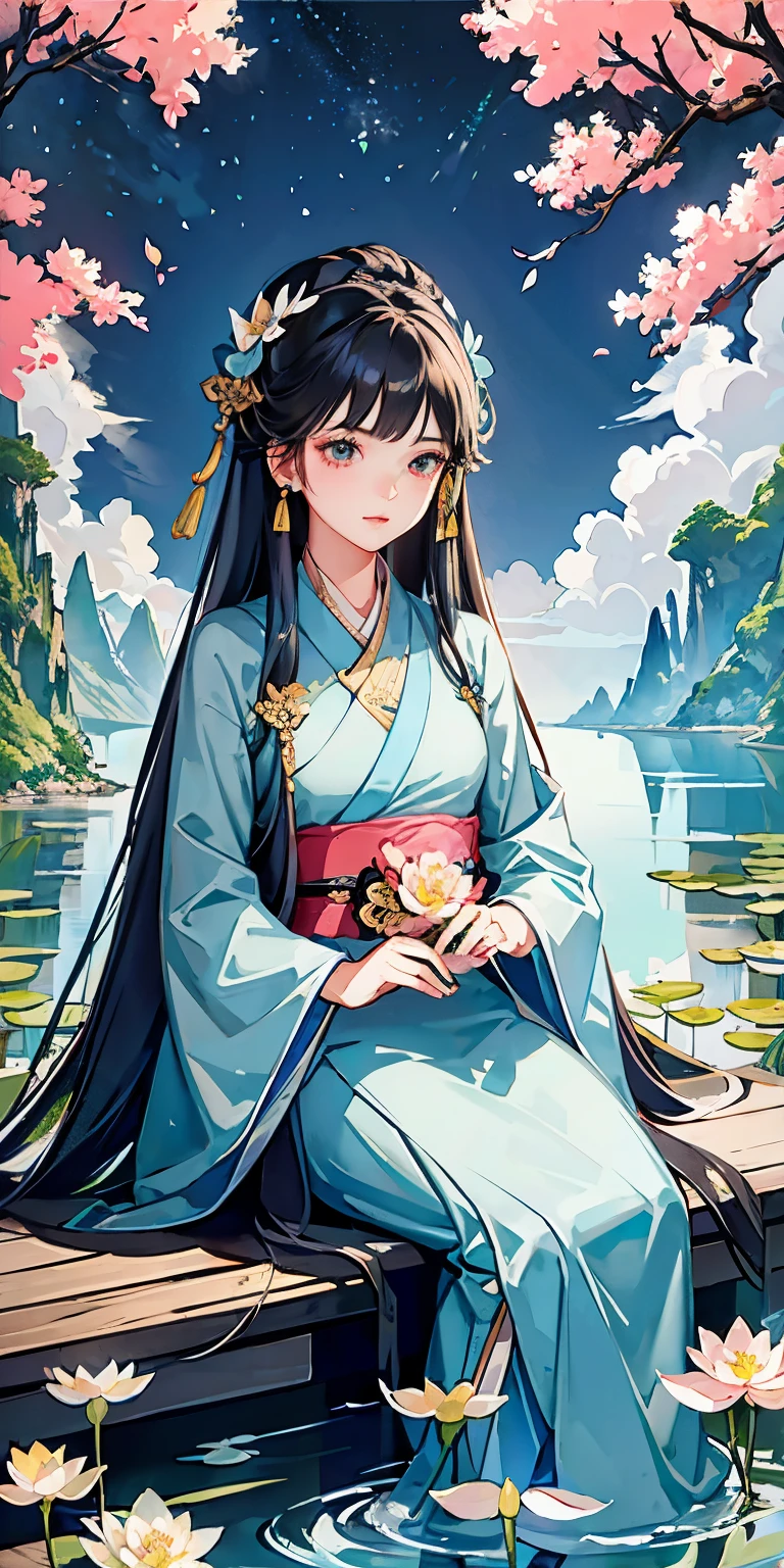 1 girl, hanfu, sitting on a boat, black long hair, Masterpiece, best quality, official art, very detailed, illustration, night outdoor landscape, moonlight, small building, (background: river full of lotus leaves, lots of lotus leaves: 1.3, many, many withering lotuses: 1.3, clouds in the sky), lots of lotus leaves, lots of lotus flowers, withering lotus flowers