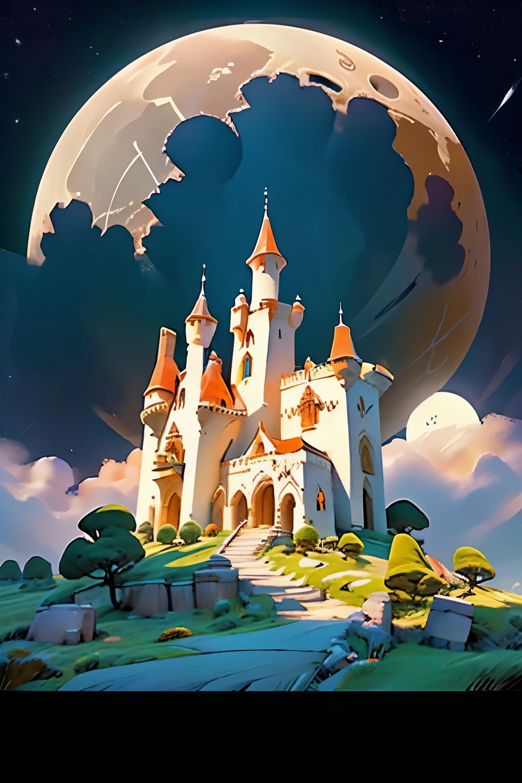 create an abstract image of the moon and a deconstructed castle