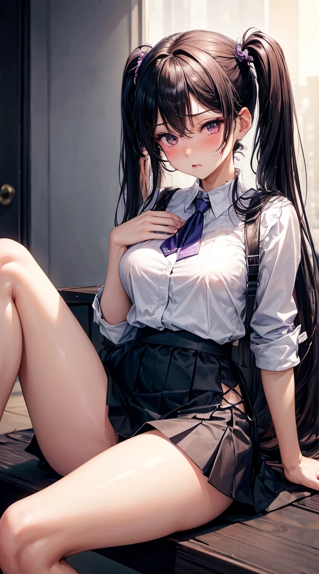 (tmasterpiece, quality, Best quality at best, The details were perfect，Beautiful and beautiful:1.2)black color hair，pigtails，plumw，The waist is very thin，Thigh fleshy，Big leaking out，Superskirt，The shirt，Purple eye，（Sit down position）（Blush 1.5）（mouth drool）（eyes half closed）（The crotch opens:1.5）（痴女:1.5)（legs in M shape）（Expose the chest）