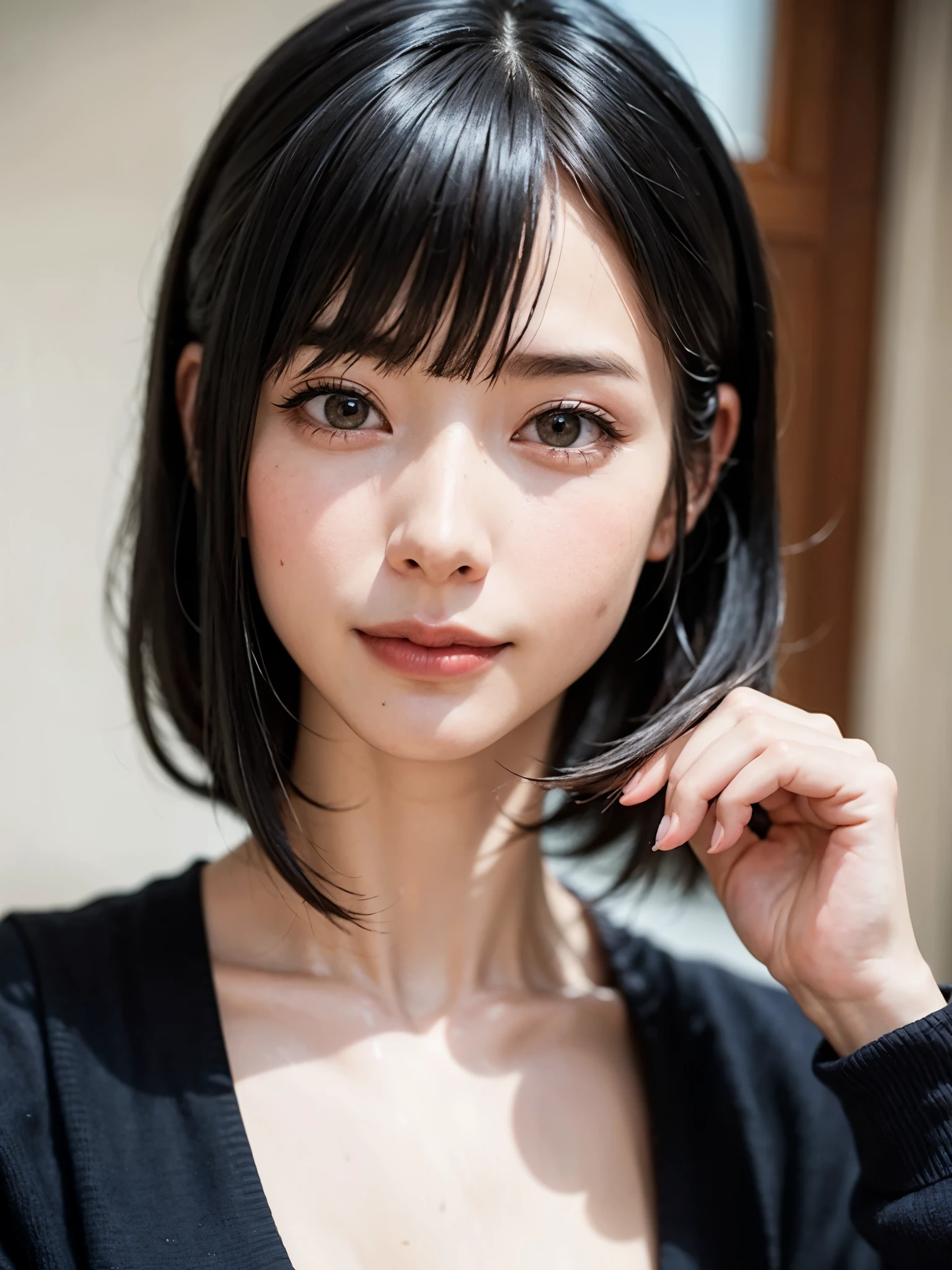 ***1人、top-quality、realisitic、report、depth of fields、natural soft light、during daytime、魅惑的、beauitful face、Cleanliness、Pure face、de pele branca、cute hawk hair、bangss、the beach、rays of sunshine、Nedium Breast Body Esbian、((Beautiful face with sweater golden ratio Beautiful face with symmetry))、long neck、Put your ears out、bangssのあるきれいな短いボブヘア、Smile with your mouth closed:1.4、Smile with your mouth closed:1.4、perfect hand指、perfect hand、Perfect body、face perfect、Shine a light into the eyes、Perfect Anatomy:1.4、very cute super model:1.4