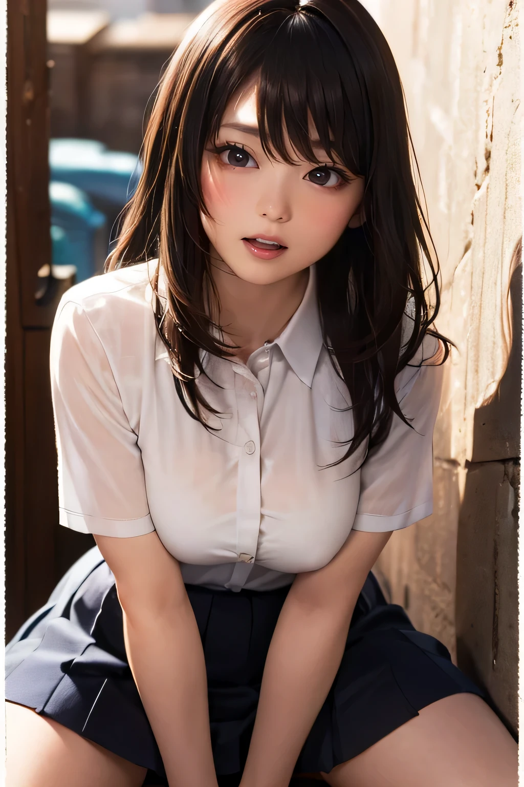 high-definition images, atmospheric perspective, 8k, super detail, accurate, best quality, 1 woman shot, (straddling corner masturbation), (zoom up orgasm ecstasy face), dark brown pupil, ((drooping eyes, blush)), ((sleepy face)), angle from below, (outside, eccentric place), open mouth, thin thighs, thin legs, (eccentric pose), slut, formal suite, shirt, skirt,