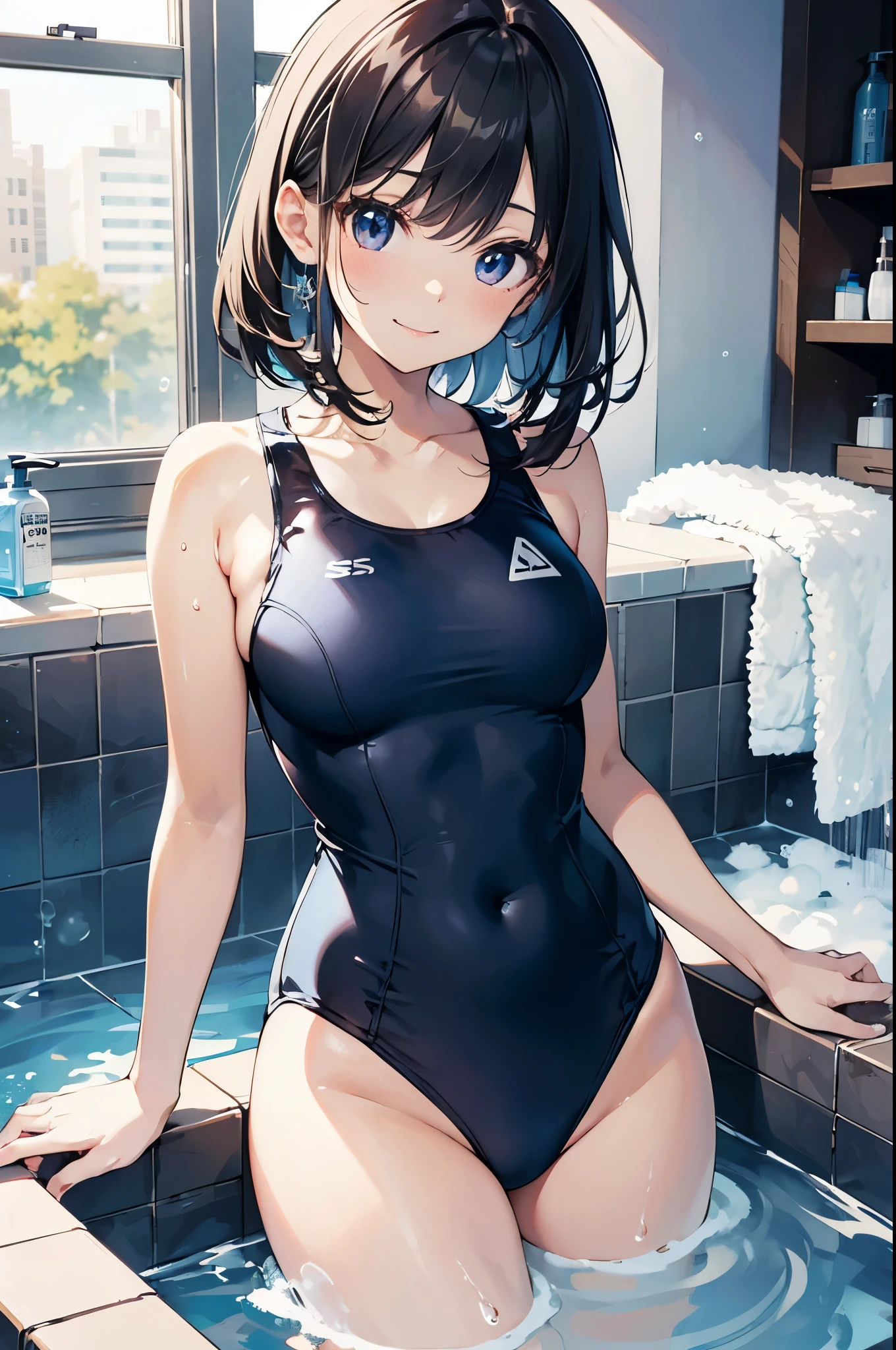 hiquality、top-quality、Full limbs、The ultra -The high-definition、brightened light、Covered in bubbles、Slender beauty、ssmile、Wearing a shiny school swimsuit、shinny skin、Black Knee High、large udder、Bubble bath、Anime Touch、Anime style