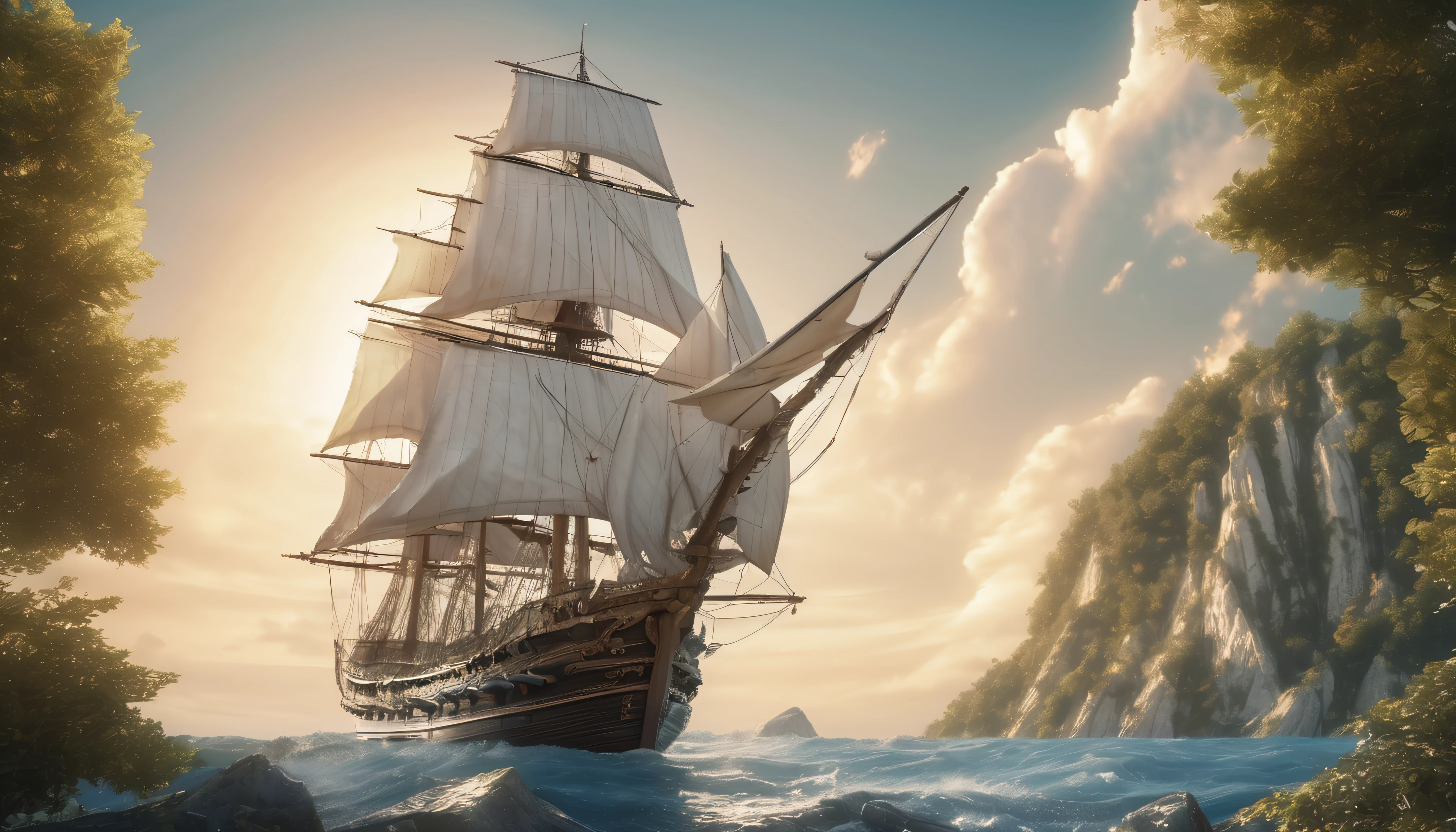 Beautiful unreal ship with sails and large masts.,a very large ship stands on a large marble slab,stands on a marble slab in the forest,sails fluttering in the wind,The sun is shining brightly,The sky is blue,high feed 32k,8K,High texture detail,in good focus,