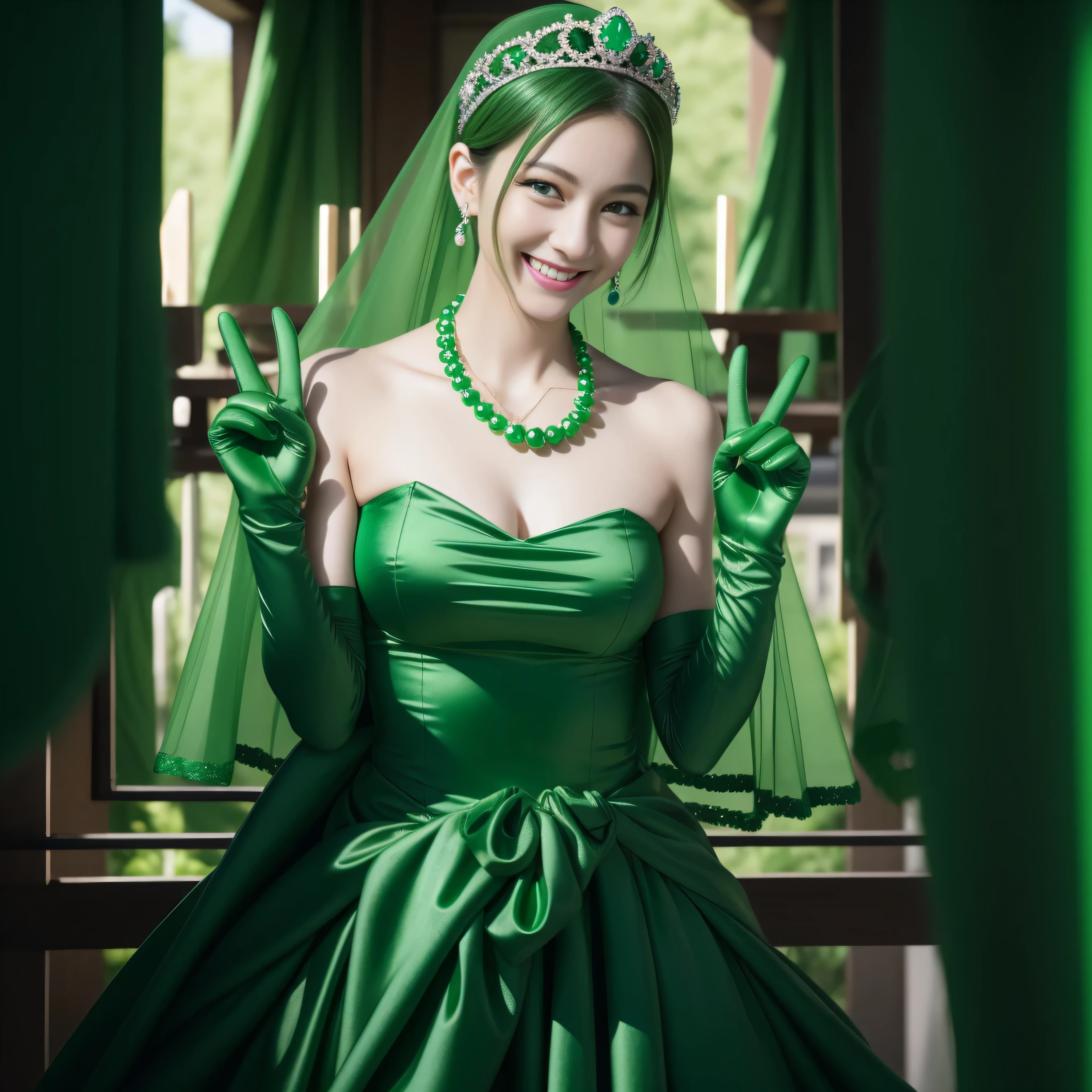 emerald tiara, Green Pearl Necklace, Boyish very short green hair, lipsticks, Japan woman smiling, very short short hair, big breasts beautiful, Green eyes, Long green gloves made of satin material, Green eyes, Emerald Earrings, green vale, v sign