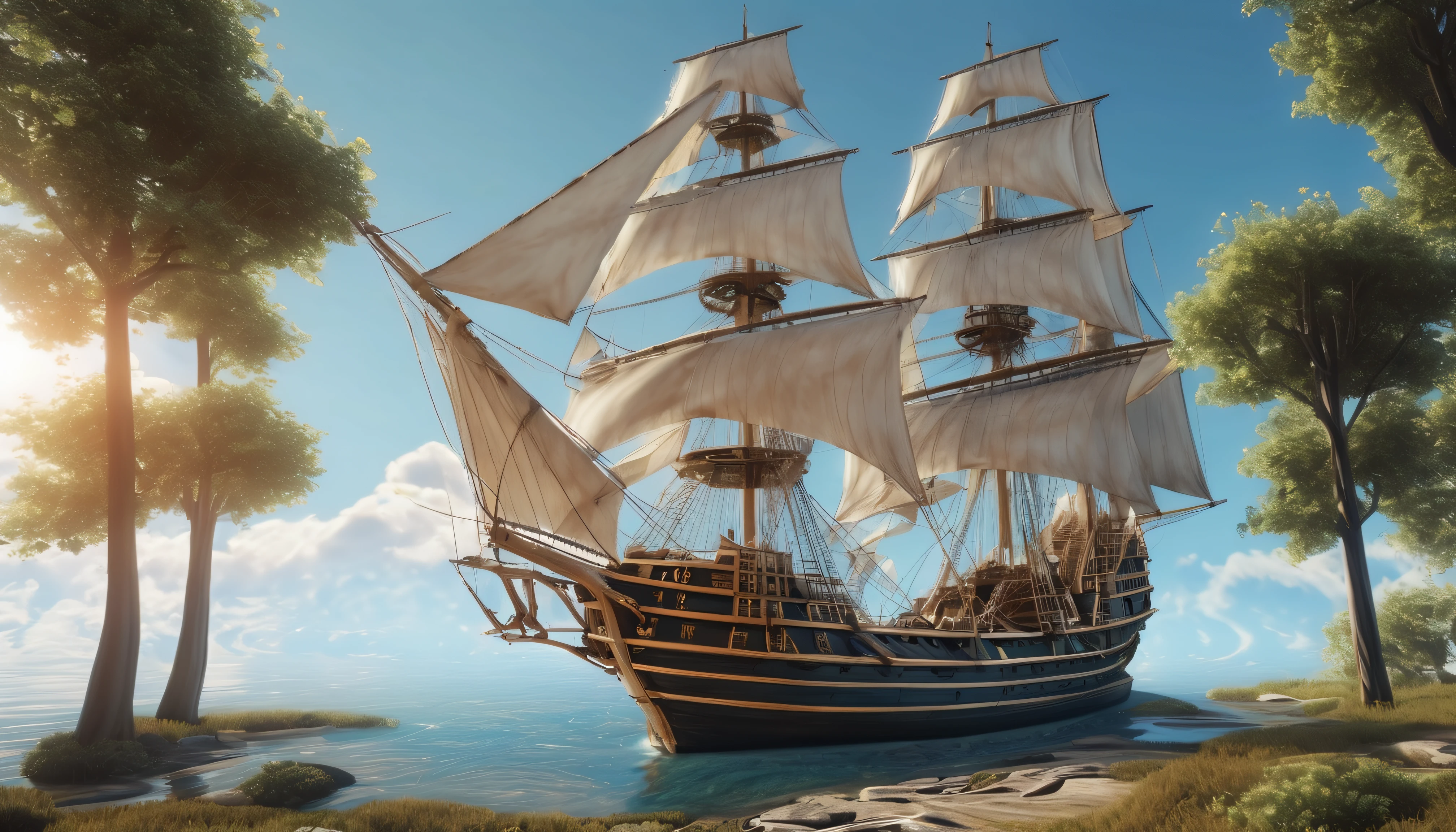 Beautiful unreal ship with sails and large masts.,a very large ship stands on a large marble slab,stands on a marble slab in the forest,sails fluttering in the wind,The sun is shining brightly,The sky is blue,high feed 32k,8K,High texture detail,in good focus,