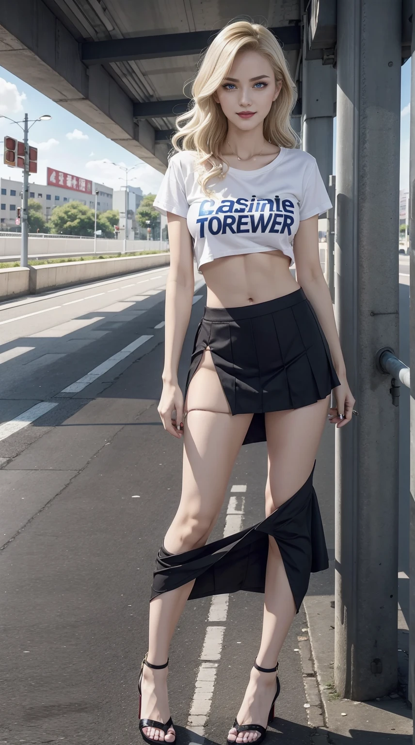 24-year-old Caucasian woman、Hair color is blonde、Eye color is blue、Longhaire、wearing eye shadow and lipstick、A slender、a smile、Beautiful breasts、My abs are cracked、I can see the navel、She is wearing a T-shirt that shows her underboob、She is wearing a mini-length pleated skirt.、I'm wearing pin heels、I'm in the underpass of the city