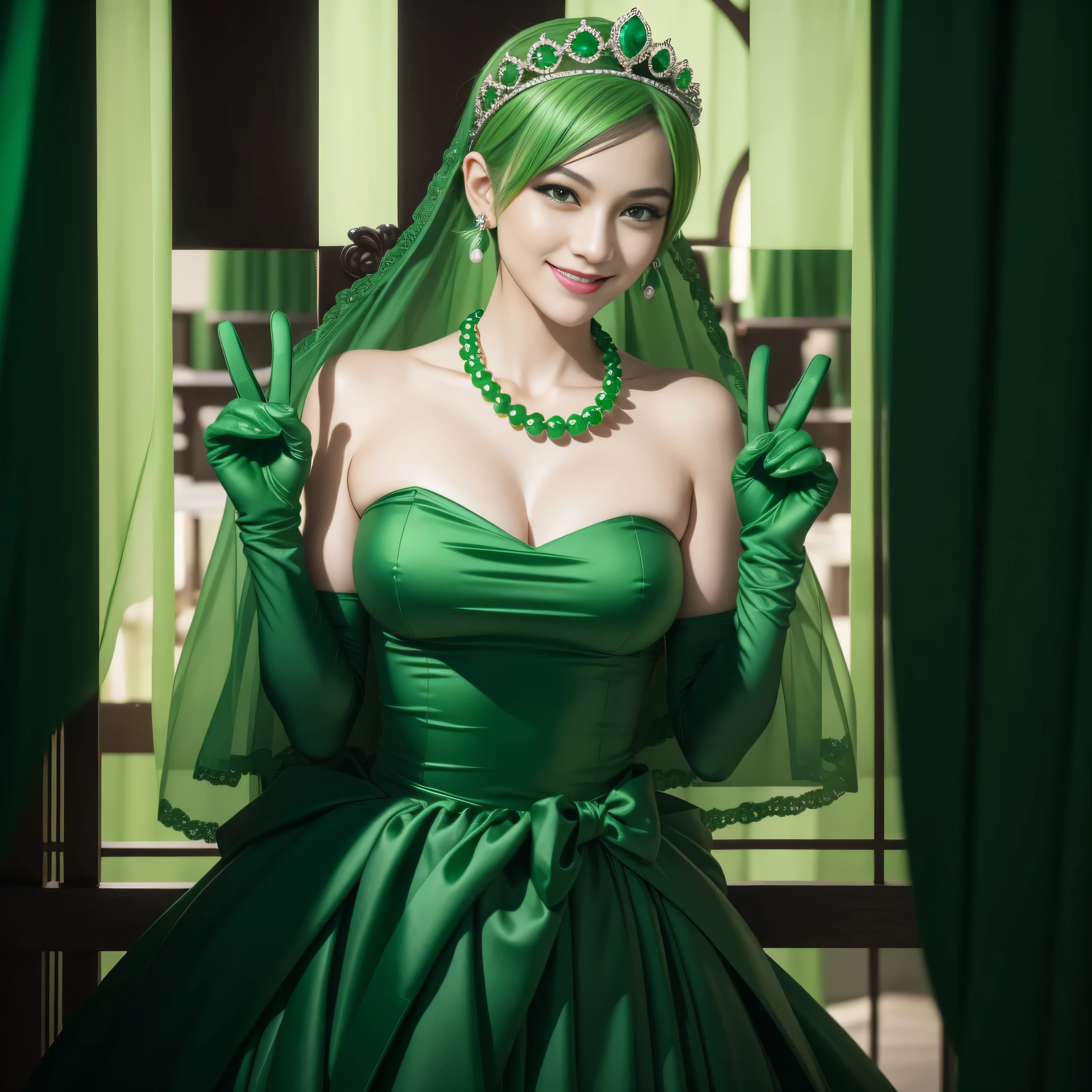 emerald tiara, Green Pearl Necklace, Boyish very short green hair, lipsticks, Japan woman smiling, very short short hair, big breasts beautiful, Green eyes, Long green gloves made of satin material, Green eyes, Emerald Earrings, green vale, v sign