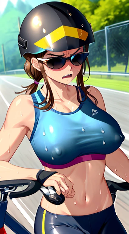 Photo of a milf asian female cyclist with saggy breasts, (((cycling))) on the (road),
40yo, busty body, tall body, tanned skin, dimples, light, detailed face, embarrassed face, ((looking disgusted)), ((very angry)), (dissapointed),
Perfect breasts, big breasts, natural breasts, big nipples, G cup, (((bicycle helmet))),(sunglasses), (nude), (((sport bra))),
 (((men's briefs))), (sweat:1), (wet)