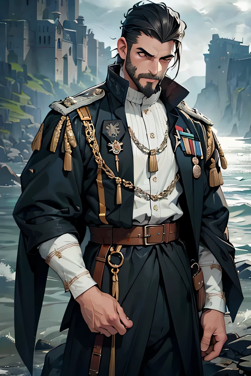 retired military officer,A small number of wrinkles,Old age,male people,European people,The hair roots roar forward,Short hair details,hair straight,Sideburns white,short mustache,The expression is serious,medieval times,The shirt,Military uniforms and medals,meticuloso, (overcast day:1.8), precipice,gothic castle,(sea island:1.3),(tmasterpiece:1.3) (Best quality at best) (8K) (HighDynamicRange) (Focus sharp)