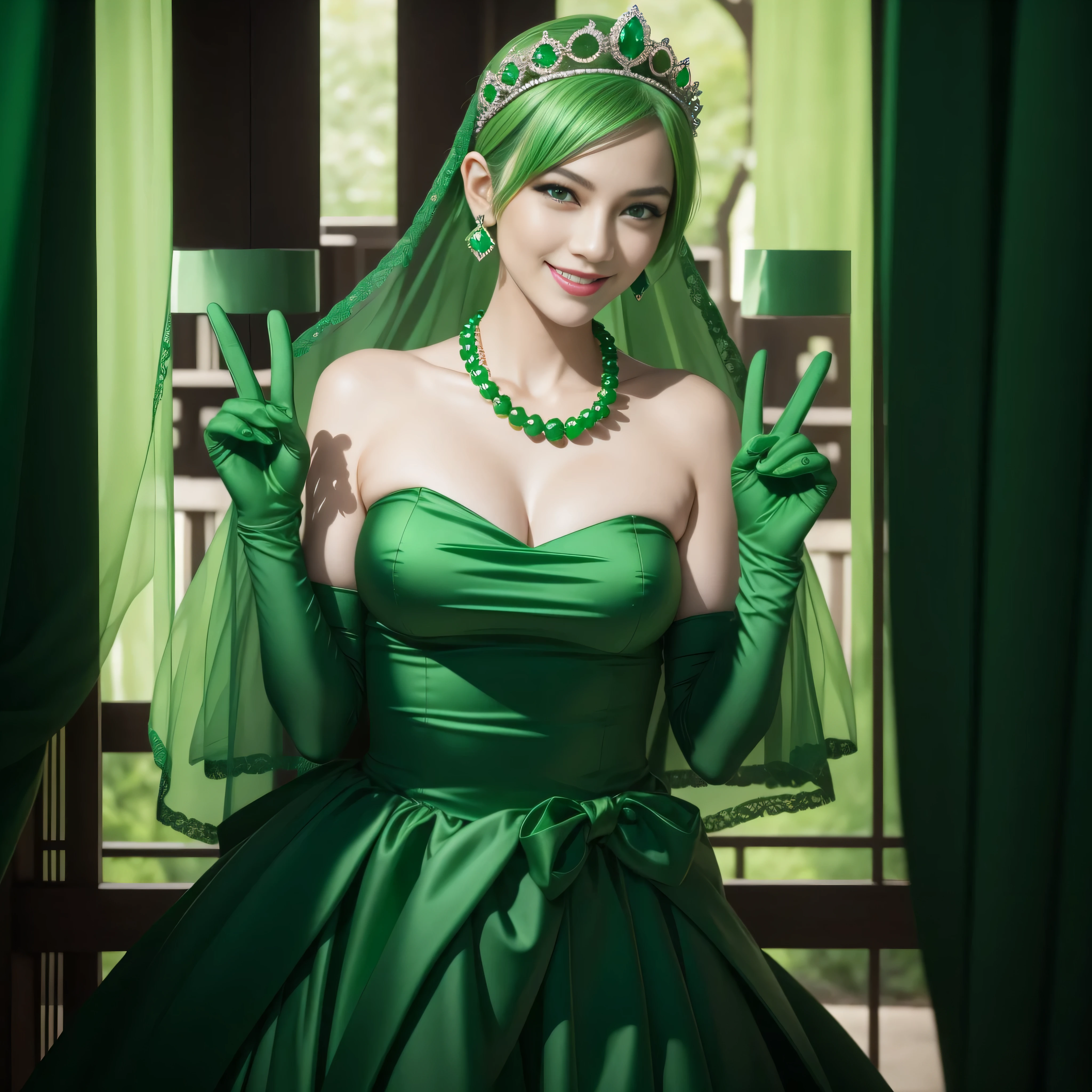 emerald tiara, Green Pearl Necklace, Boyish very short green hair, lipsticks, Japan woman smiling, very short short hair, big breasts beautiful, Green eyes, Long green gloves made of satin material, Green eyes, Emerald Earrings, green vale, v sign