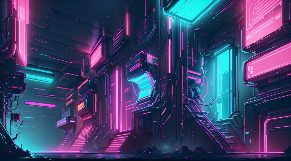 Cyberpunk AI neon lights in the Cyberpunk AI arcade,Huge chest,No clothing, no covering