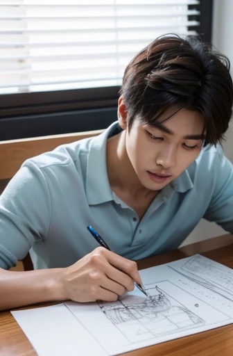 Incomplete 3D pencil sketch [A handsome half-Thai, half-Korean man sits asleep with a piece of cartoon paper on the table in his bedroom.] come to life from , Dynamic Poses, Focus stacking, Details not yet completed, intricate detailed,