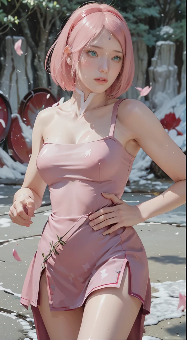 masterpiece, absurdres, sakura\(boruto\), 1girl, solo,mature female, spaghetti strap top, high waist short skirt, looking at viewelling petals), perfect composition, detailed lips, big breast, beautiful face, body propotion, blush, (pink lips), long hair, green eyes, soft gaze, super realistic, detailed, photoshoot, realistic face and body,