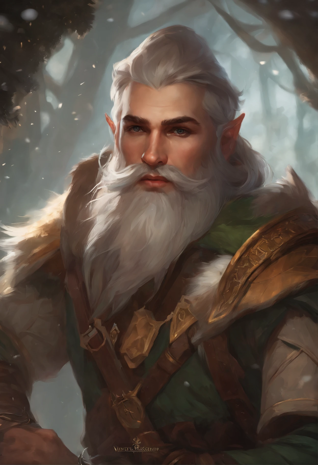 Close-up of a man with a beard and wearing a New Year's hat, painted portrait of rugged odin, a middle aged elf, dwarf with white hair, male god svarog portrait, Hearthstone Card Art, Artgerm and Craig Mullins, portrait of an elf мужского пола, rpg portrait concept art, portrait of an elf, wojtek fus