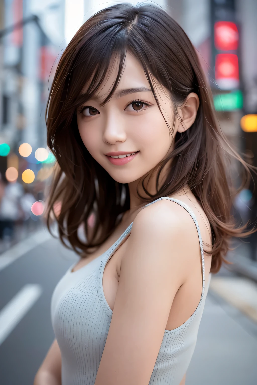 (Highly detailed CG Unity 8k wallpaper, of the highest quality, Ultra-detailed, High resolution, masutepiece, ((Realistic)), photoRealistic:1.5), (cute Japanese girls), extra detailed face, Face Focus, Beautiful detailed eyes, Eye focus, Detailed background, detailed  clothes, Ultra-detailed細なスキン, (wearing a long fur coat:1.4), (Wearing a cute tank top:1.4), (wearing adorable panties:1.4), (pantyhose:1.3), (Sidewalks in Tokyo:1.5), Midi wavy hair, Brown hair, Floating hair, medium breasts⁩, medium ass, (make up), (Adorable smile:1.3), (Looking at Viewer:1.4),