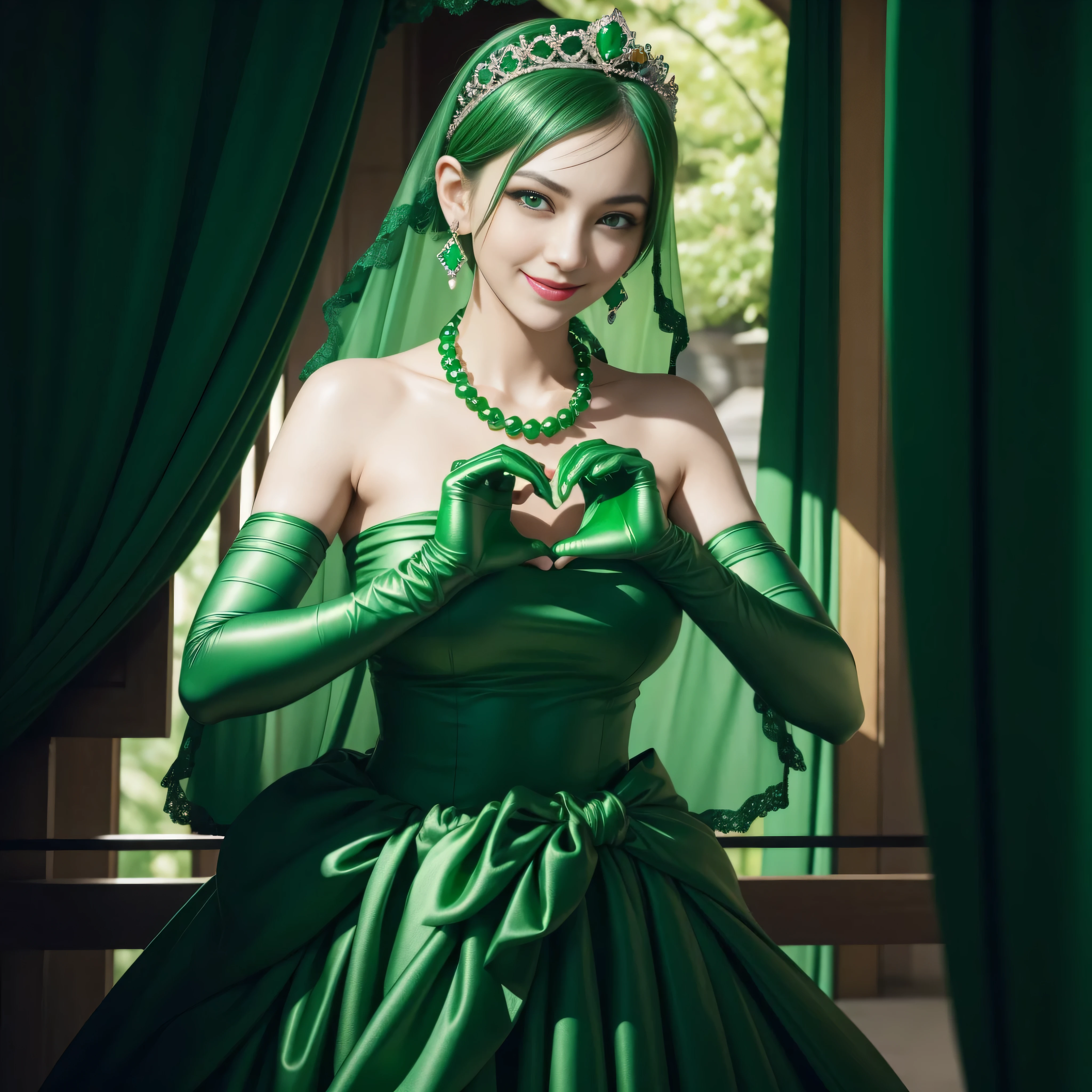 emerald tiara, Green Pearl Necklace, Boyish very short green hair, lipsticks, Japan woman smiling, very short short hair,  big breasts beautiful, Green eyes, Long green gloves made of satin material, Green eyes, Emerald Earrings, green vale, Heart with both hands