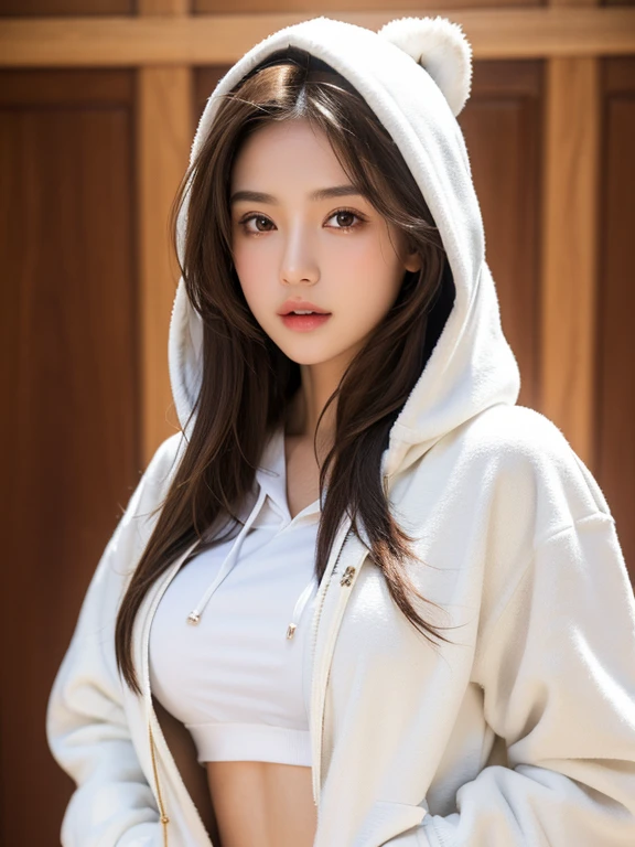 a girl, beautiful, long brown hair, wearing a white hoodie, sexy, big breasts, Surrealism, UHD, retina, anatomically correct, masterpiece, ccurate, textured skin, super detail, high details, high quality, highres, HD, 16k