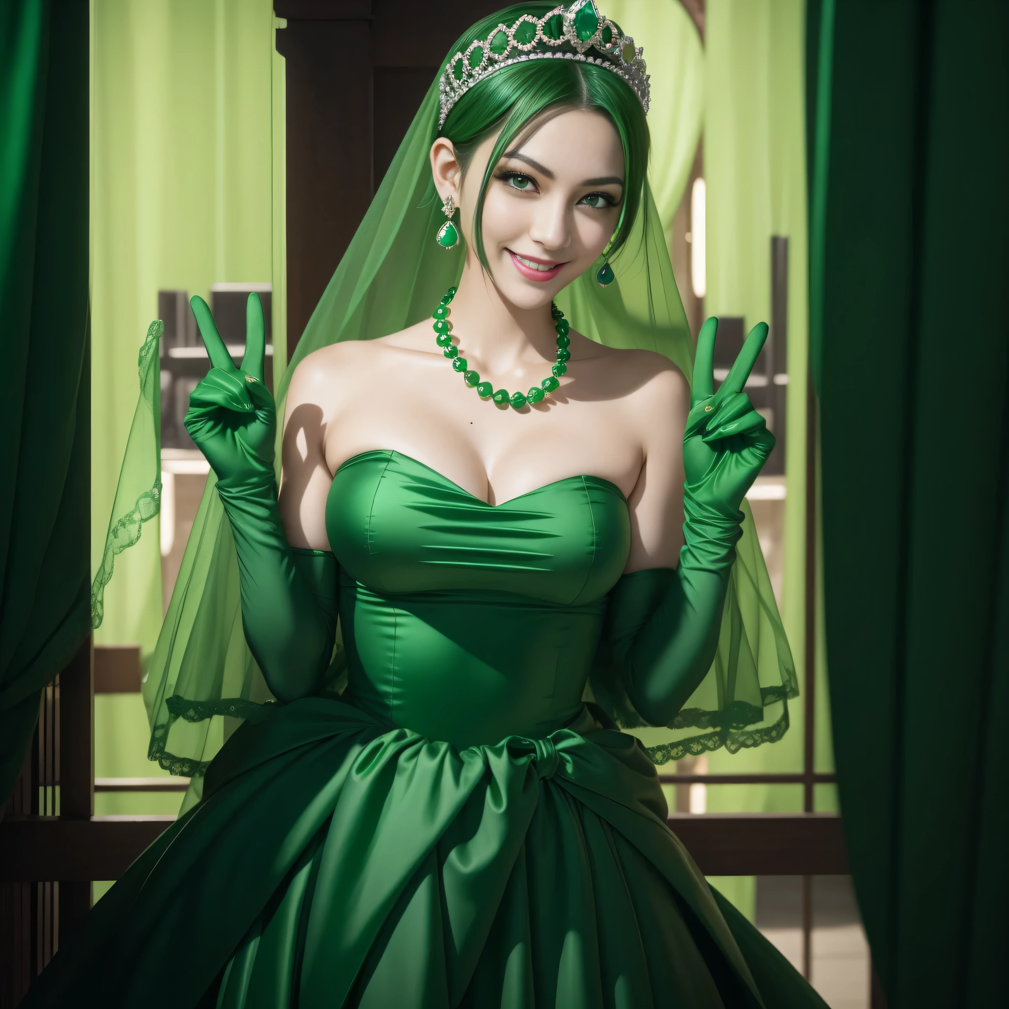 emerald tiara, Green Pearl Necklace, Boyish very short green hair, lipsticks, Japan woman smiling, very short short hair, big breasts beautiful, Green eyes, Long green gloves made of satin material, Green eyes, Emerald Earrings, green vale, v sign