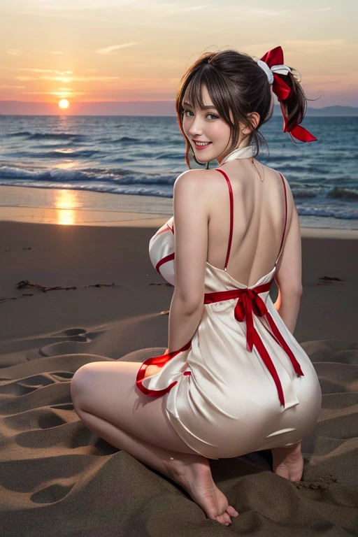 masutepiece, Best Quality, 23years old,Ultra-detailed, finely detail,Big breasts, hight resolution, 8K Wallpaper, Perfect dynamic composition, Natural Color Lip,(wearing a short red and white dress:1.5),(Ponytail:1.3),drawn action: (Girl is sitting,barefoot on the sand 1.3),(red and white silk ribbon dress:1.4)20 years girl,(Full body:1.3),Shot from behind,Enjoy the sunset,NSFW,Looking back and smiling,