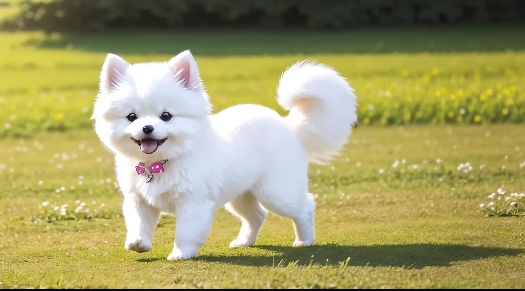 White Pomeranian,green meadows,run,Cute drawing style,Realistis,gleeful,brightly,fluorescence