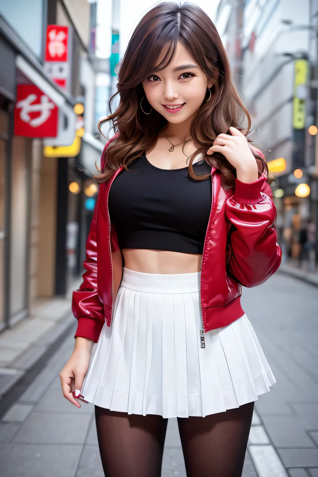 (Highly detailed CG Unity 8k wallpaper, of the highest quality, Ultra-detailed, High resolution, masutepiece, ((Realistic)), photoRealistic:1.5), (cute Japanese girls), extra detailed face, Face Focus, Beautiful detailed eyes, Eye focus, Detailed background, detailed clothes, Ultra-detailed細なスキン, (wear a cute jacket:1.4), (Wearing a cute tank top:1.4), (wearing a cute skirt:1.4), (pantyhose:1.3), (Sidewalks in Tokyo:1.5), Midi wavy hair, Brown hair, Floating hair, medium breasts, medium ass, (make up), (Adorable smile:1.3), (Looking at Viewer:1.4),