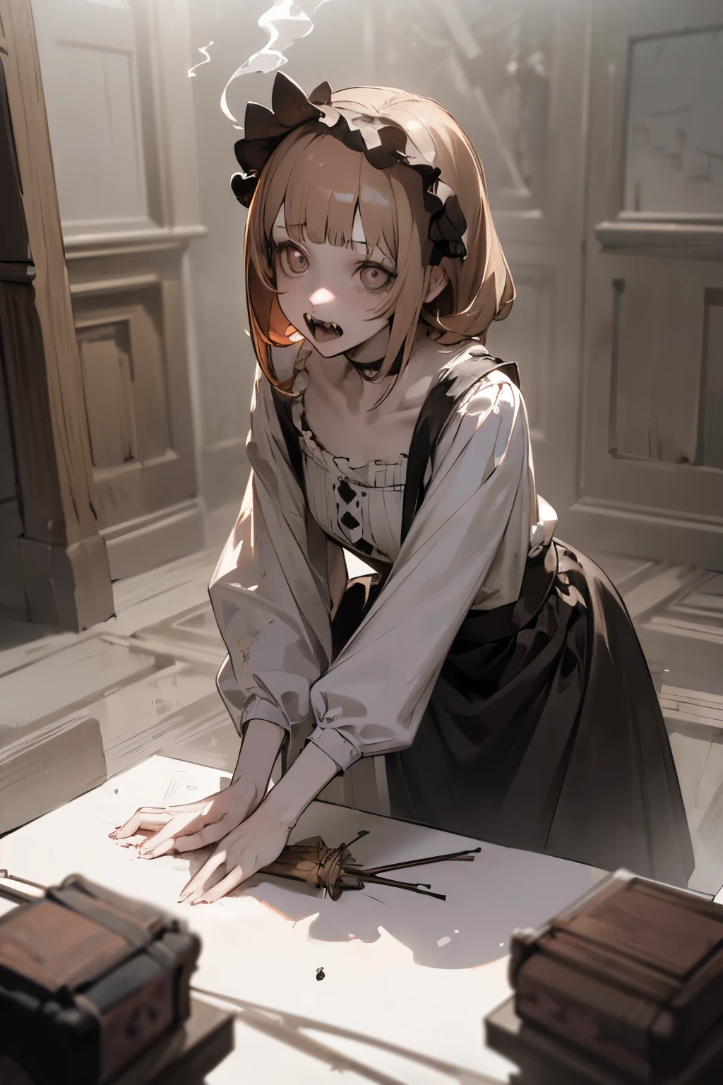 (Photoreal Stick:1.5), (masutepiece:1.5), (top-quality), 1girl, little girl, blunt bangs, feminine, pale brown hair, (silky straight hair), muted colors, monochrome, pale skin, ((makeup goth)), cute, lipstick, night, ((Black roses on head)), ((dirty)), (blowing smoke), (indoors), Hair hide eyes, 3d, (bell), ((Dusty)), ((cobwebs in room)), scenery, (cracked skin), glowing, fractured skin, antique doll style, dark white, (hollow eyes), (sharp teeth, open mouth wide), ruins,