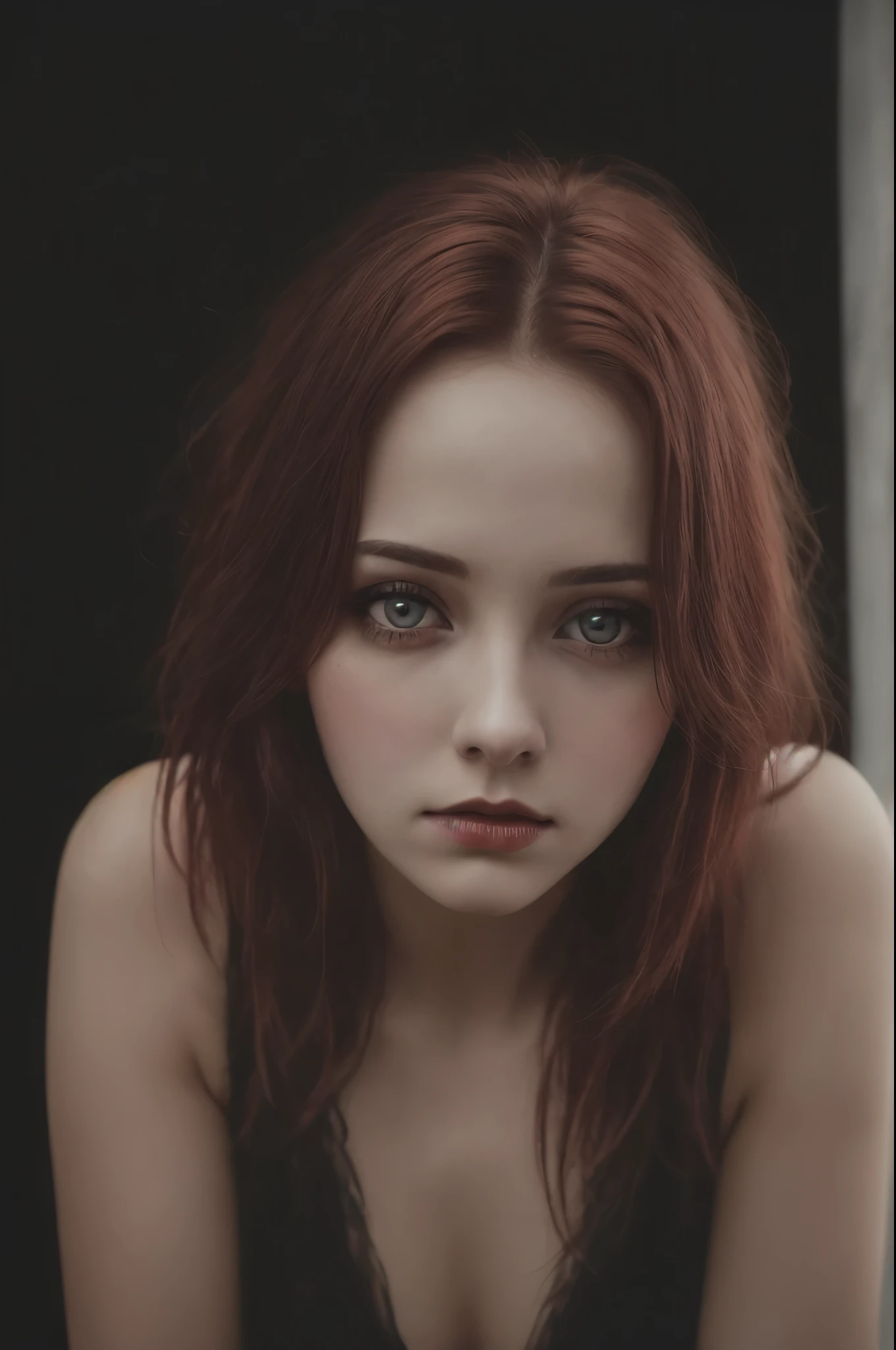 (Realisttic:1.2), analog photo style, cute woman with short black-red hair, red eyes, (Gloomy and dark atmosphere), soft natural light, faded colours, sexy, great quality, Masterpiece, detailed fantasy background, better performance, 16k quality, HDR, RAW photo