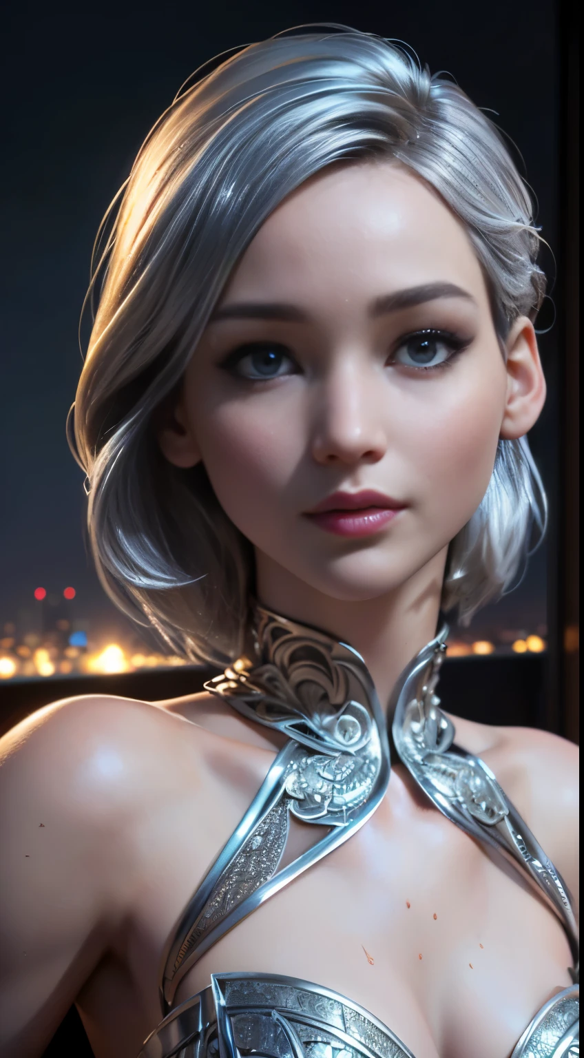 photo of Jennifer Lawrence, RAW, beautiful woman, ((portrait)), ((detailed face:1.2)), ((detailed facial feature, detailed skin, clear skin), (perfect proportioned body, small breasts), (wearing a silver dress) (high detailed city environment, apartment balcony), (realistic photo, best quality, detailed), (8k wallpaper), (cinematic lighting, dramatic lighting) (sharp focus, intricate)