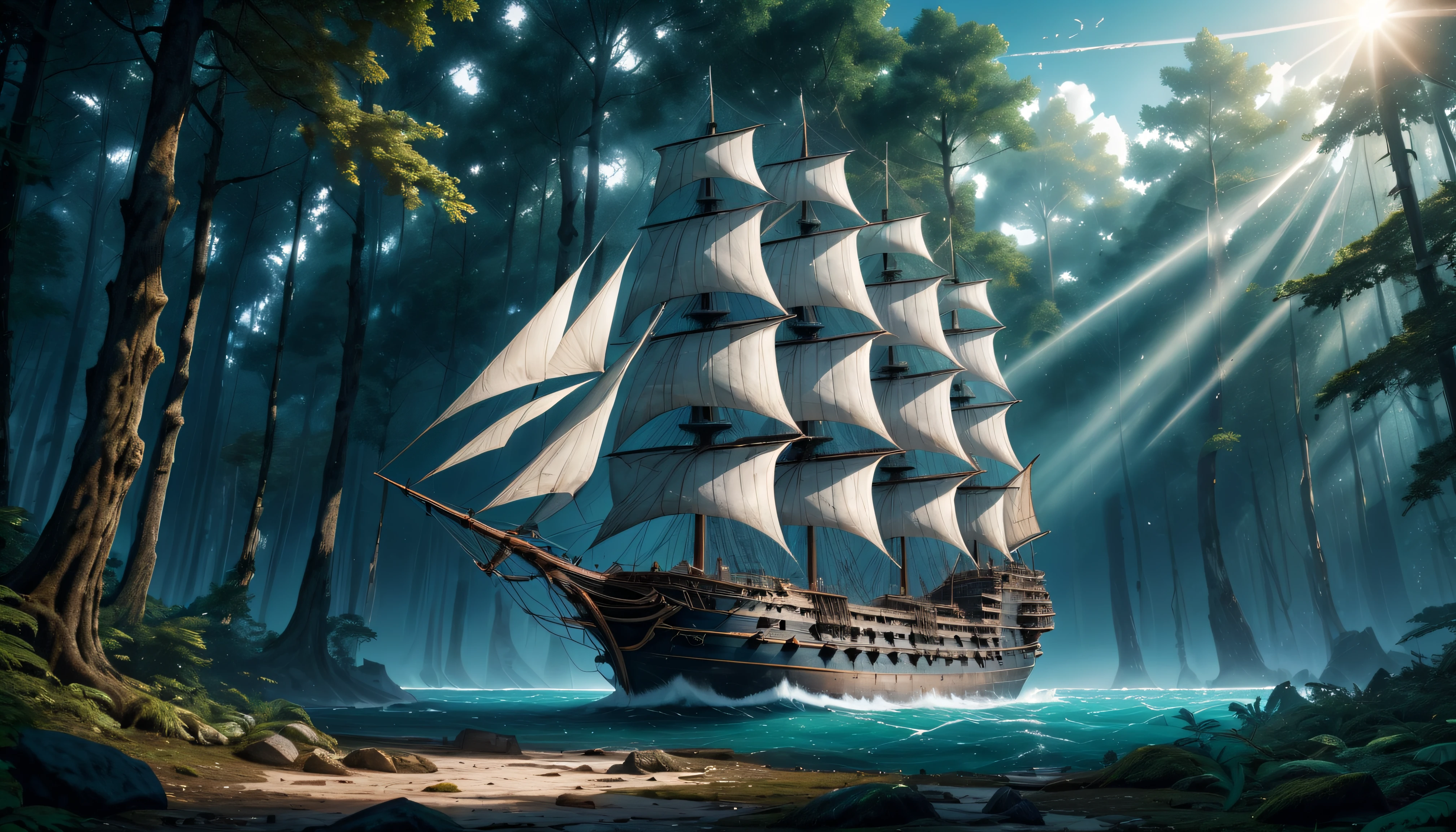 Beautiful unreal ship with sails and large masts.,a very large ship stands on a large marble slab,stands on a marble slab in the forest,sails fluttering in the wind,The sun is shining brightly,The sky is blue,high feed 32k,8K,High texture detail,in good focus,