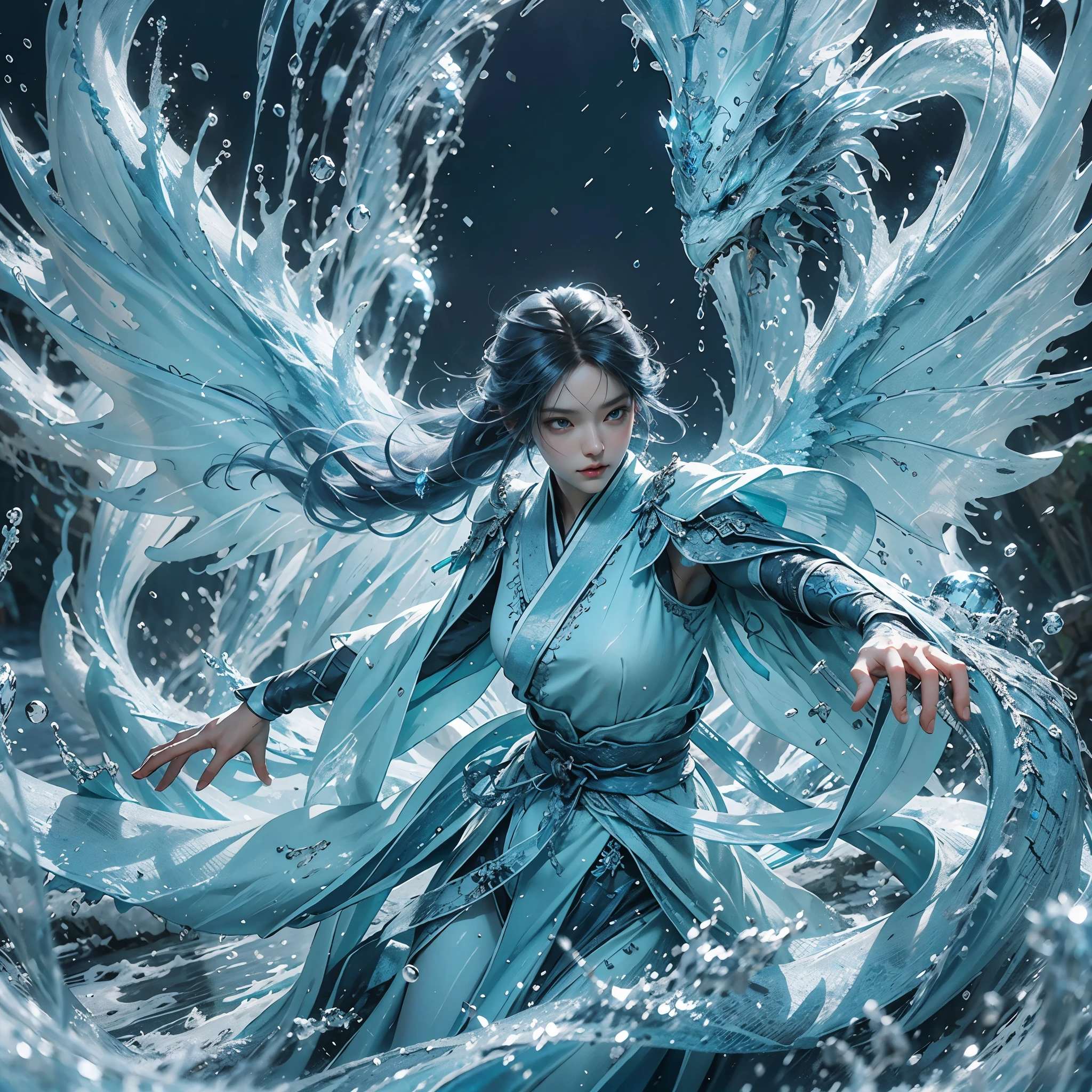 1个Giant Breast Girl，royal water，magister，（laxuary dress：1.5），（Perfect facial features：1.4），（Blue silk robe），（神秘的Magic Array：1.2），(( drak))，（ Crystal scales glow，（Frost Wings），Powerful magic，Icicles，高耸于ventania景之上，Blue light cold light， ventania暴，ventania，blizzard and snow，Amazing result quality,tmasterpiece,超高分辨率,Detailed pubic hair,Complicated details,8K分辨率,8KUCG wallpaper,HighDynamicRange,water blue,Magic Array,movie light effect,lightand shade contrast，ray traycing、NVIDIA RTX