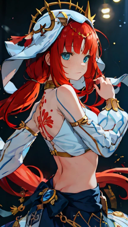 tmasterpiece,Best quality,Fine and detailed,A high resolution,Extremely Delicately Beautiful,(red hair),Close-up shot,(Chopping,Off-the-shoulder attire, photore,perfect body figure,perfect body figure,White stockings