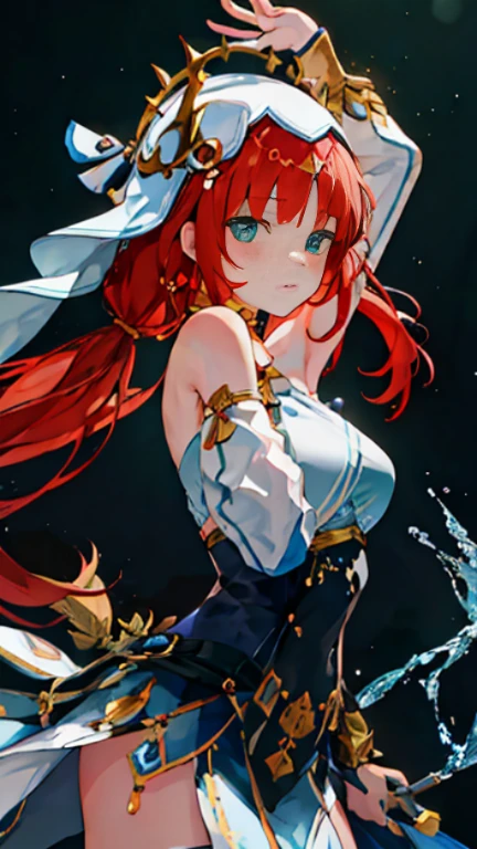 tmasterpiece,Best quality,Fine and detailed,A high resolution,Extremely Delicately Beautiful,(red hair),Close-up shot,(Chopping,Off-the-shoulder attire, photore,perfect body figure,perfect body figure,White stockings