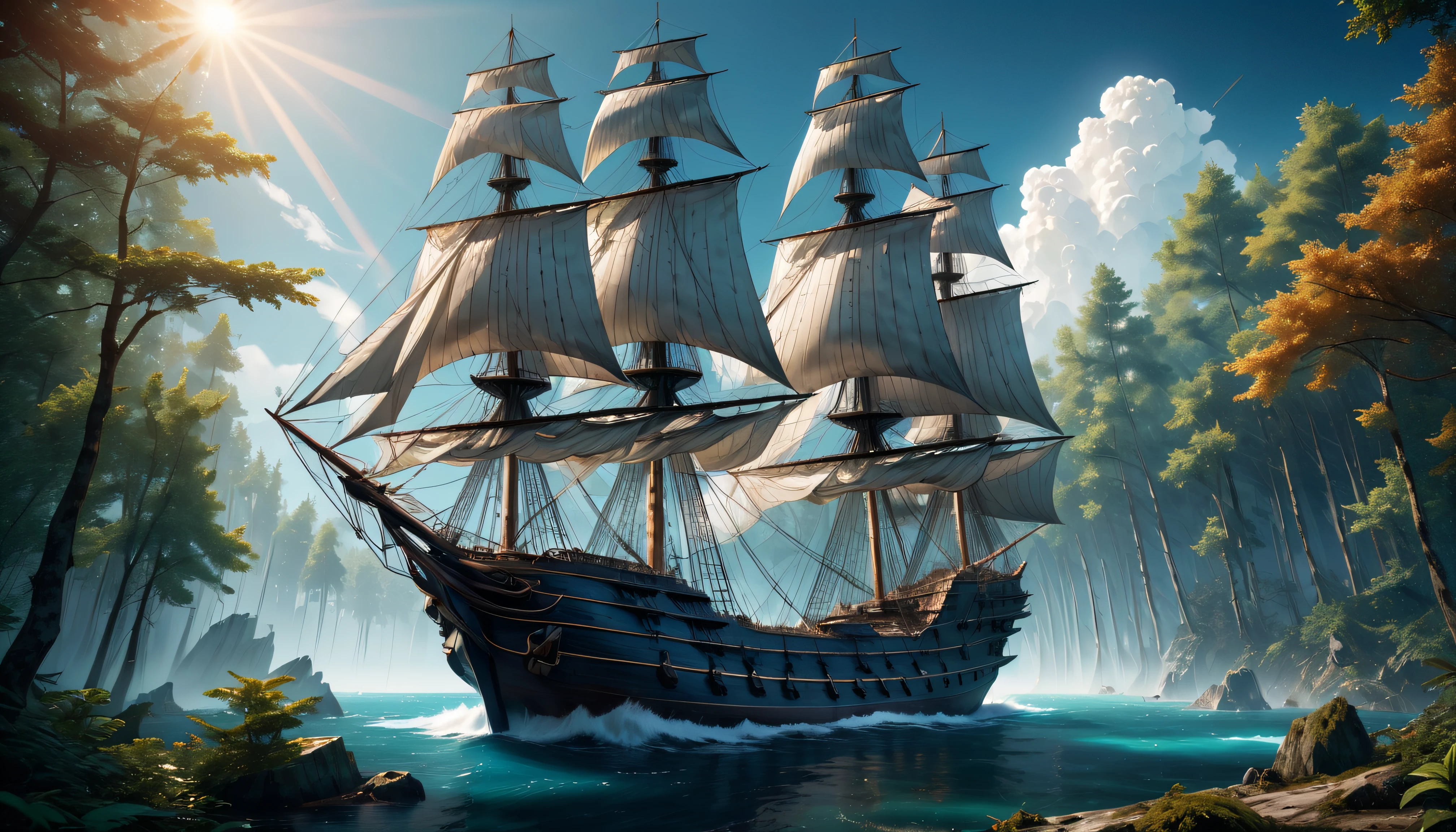 Beautiful unreal ship with sails and large masts.,a very large ship stands on a large marble slab,stands on a marble slab in the forest,sails fluttering in the wind,The sun is shining brightly,The sky is blue,high feed 32k,8K,High texture detail,in good focus,