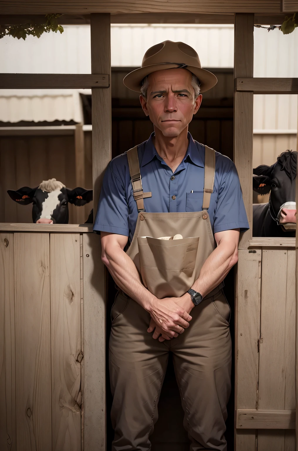 US President Joseph Robinette Biden looks like a farmer, Barack Obama wears cow dung in dirty work clothes., Cows stand nearby in a stall, (Three: 1,2), dirty face, A realistic photo, Canon EOS 6D Mark II., ISO 120, farm, cows in the background